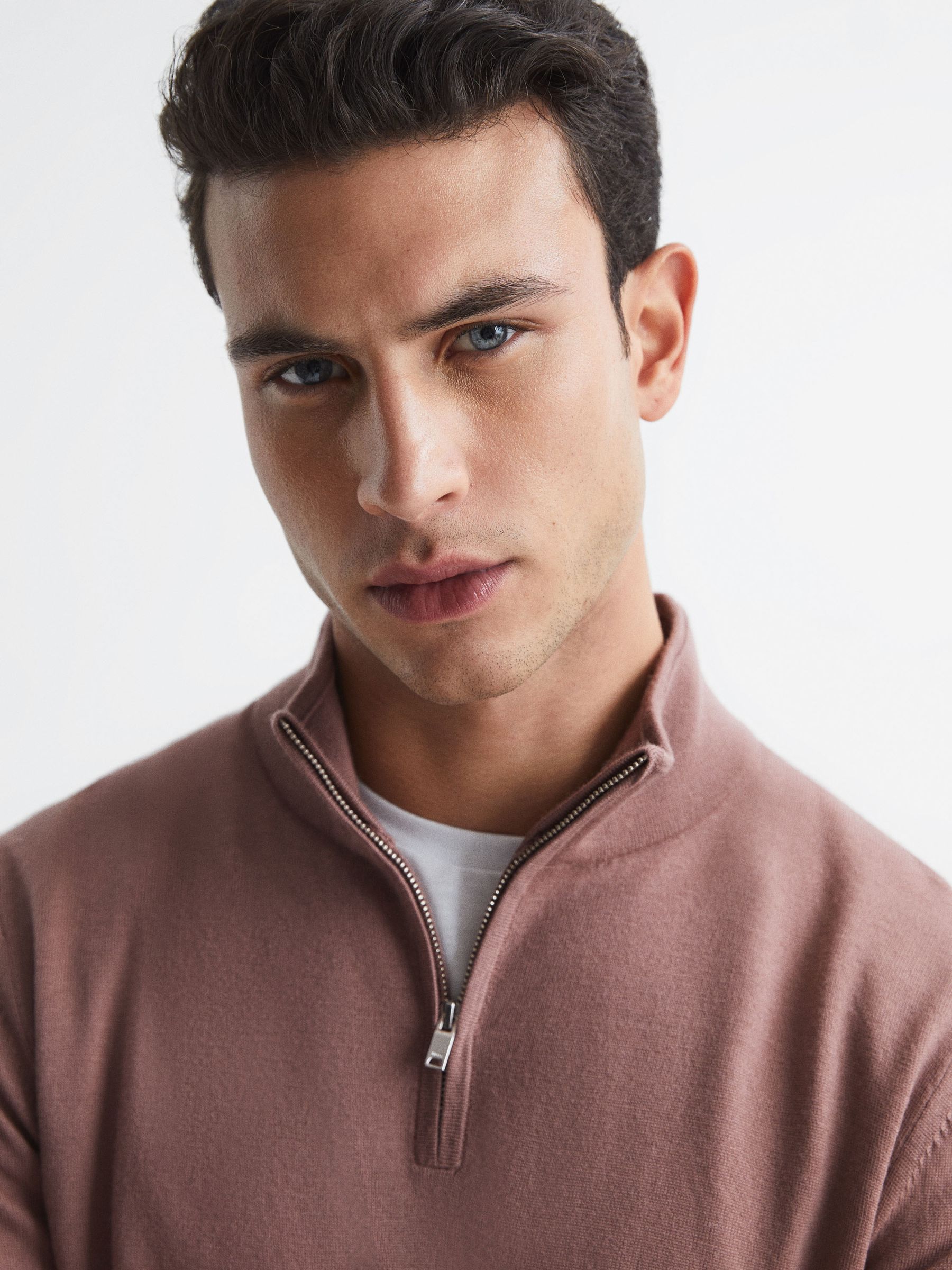 Merino Wool Half-Zip Funnel Neck Jumper in Woodrose - Image 4 of 6