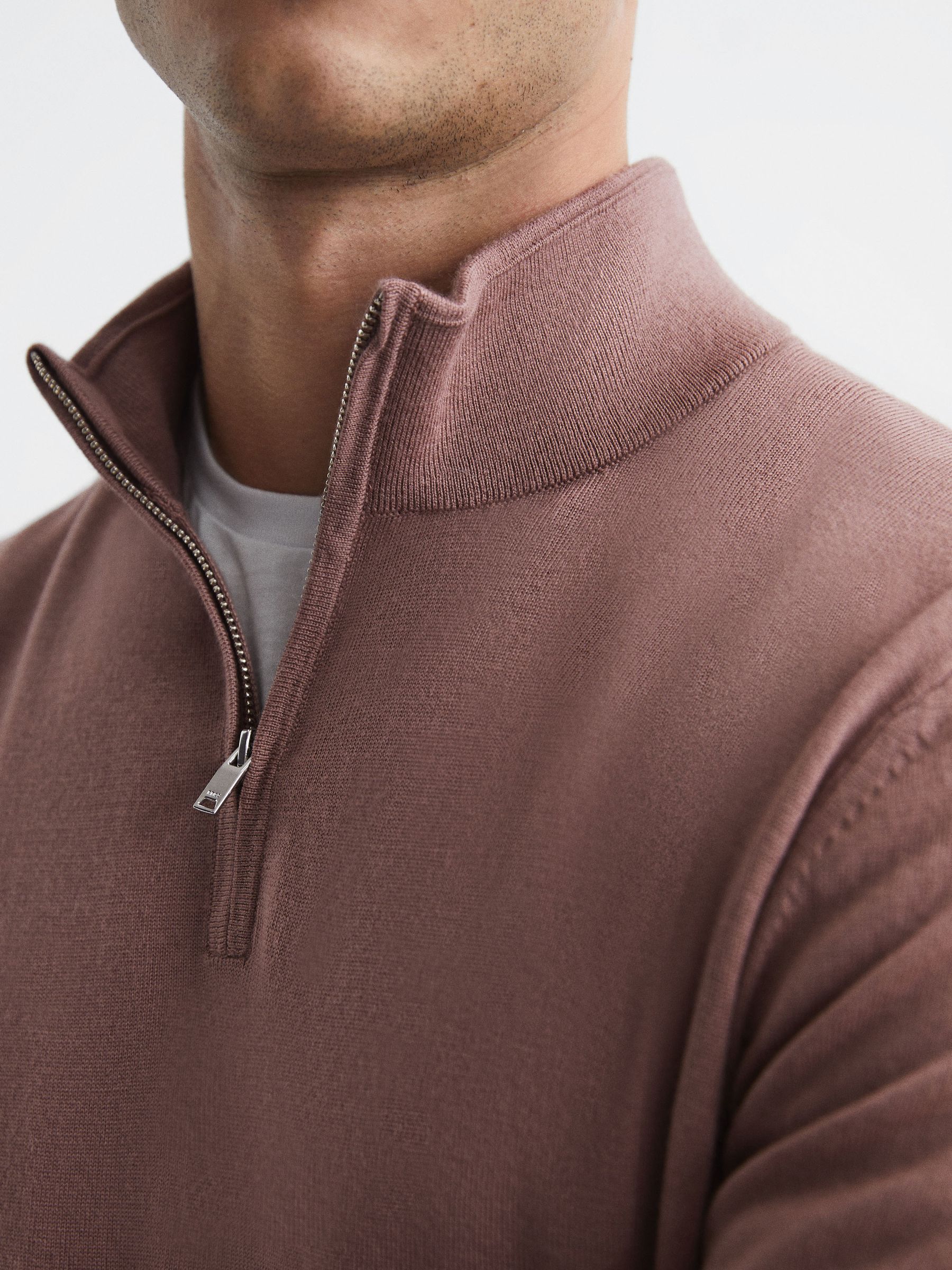 Merino Wool Half-Zip Funnel Neck Jumper in Woodrose - Image 6 of 6