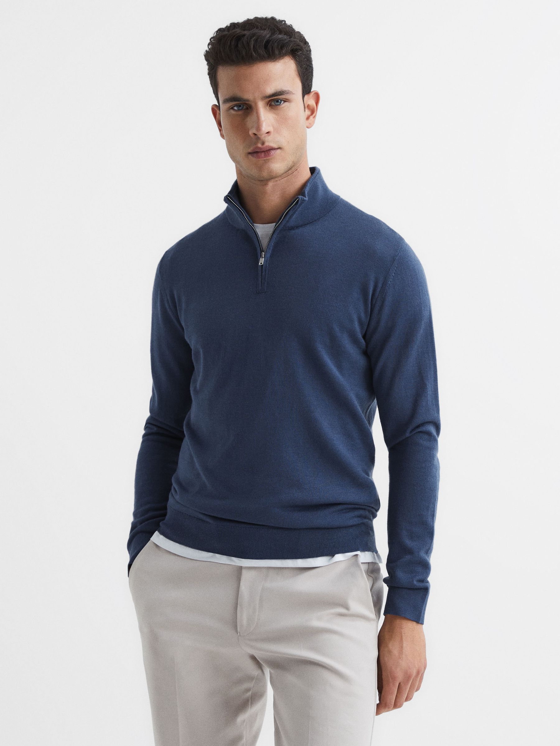 Merino Wool Zip Neck Jumper in Azure - Image 1 of 7
