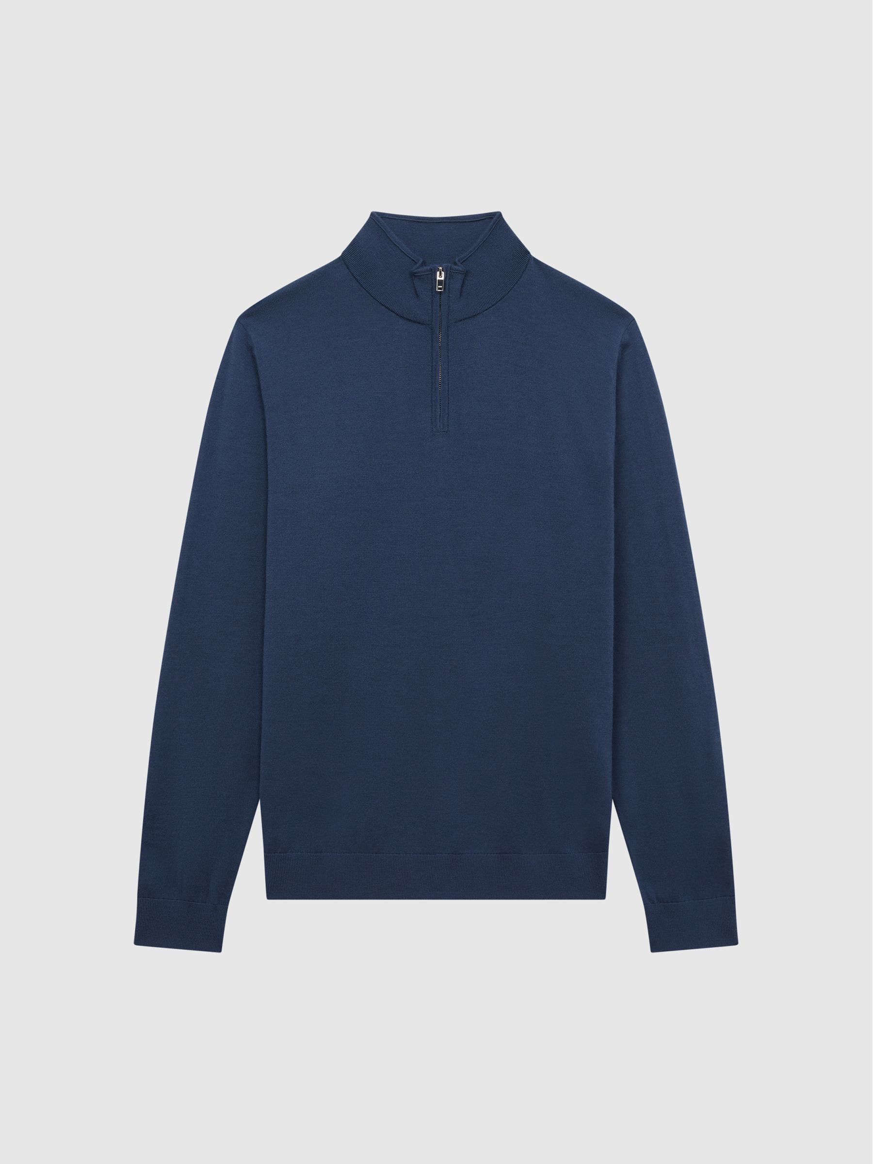 Merino Wool Zip Neck Jumper in Azure - Image 2 of 7 Merino Wool Zip Neck Jumper in Azure - Image 2 of 7
