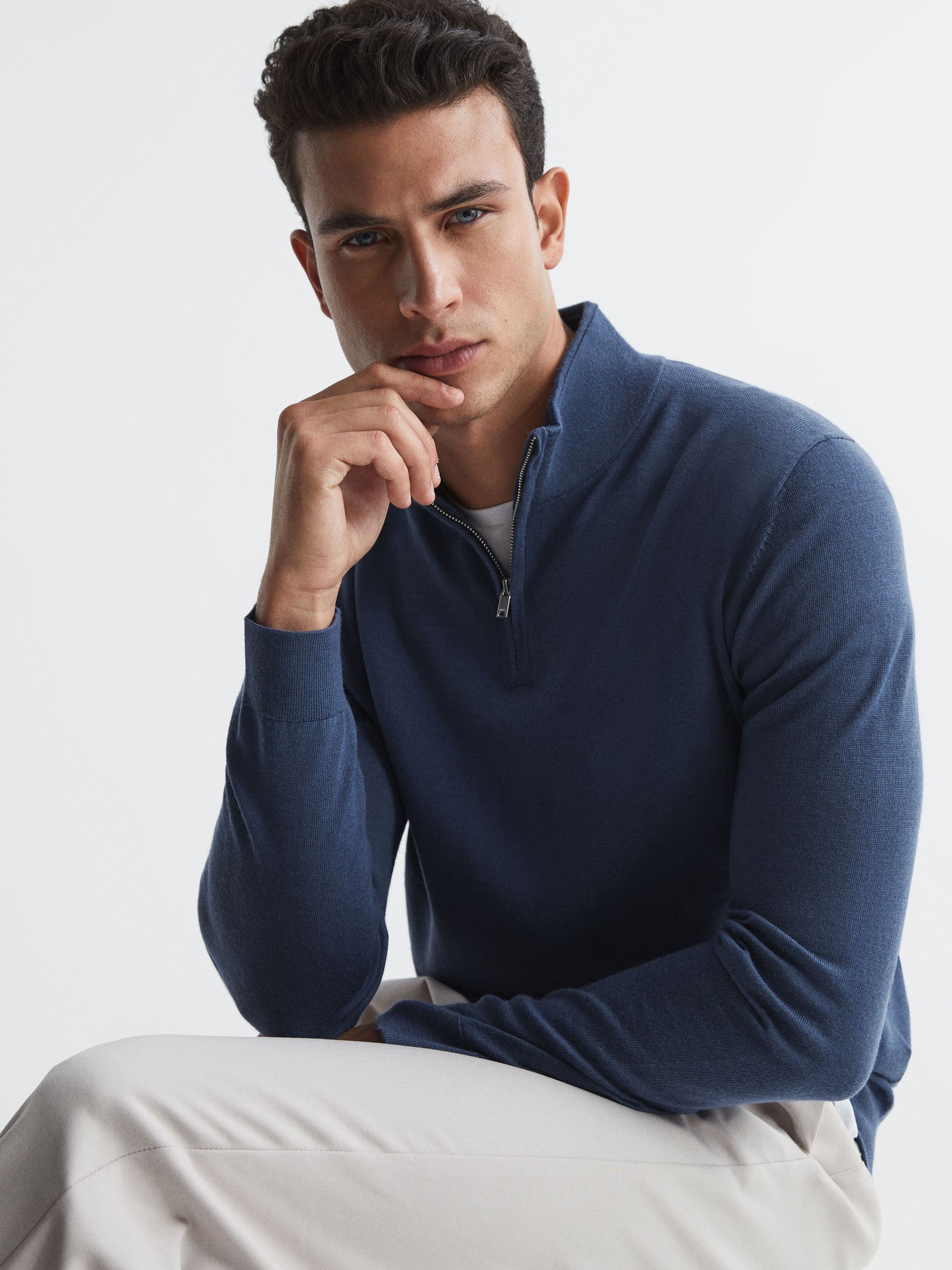 Merino Wool Zip Neck Jumper in Azure - Image 6 of 7