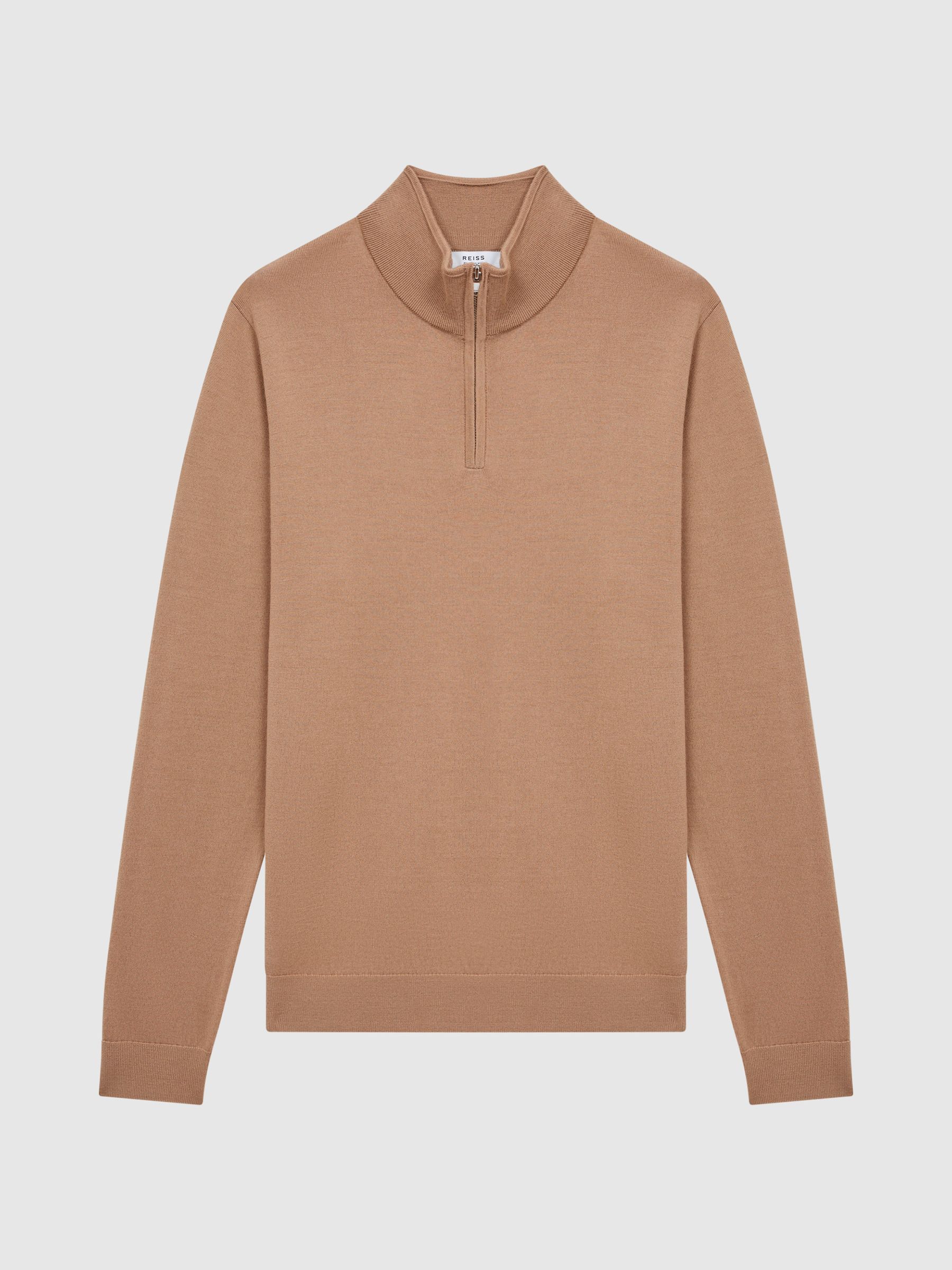 Merino Wool Zip Neck Jumper in Camel - Image 2 of 6