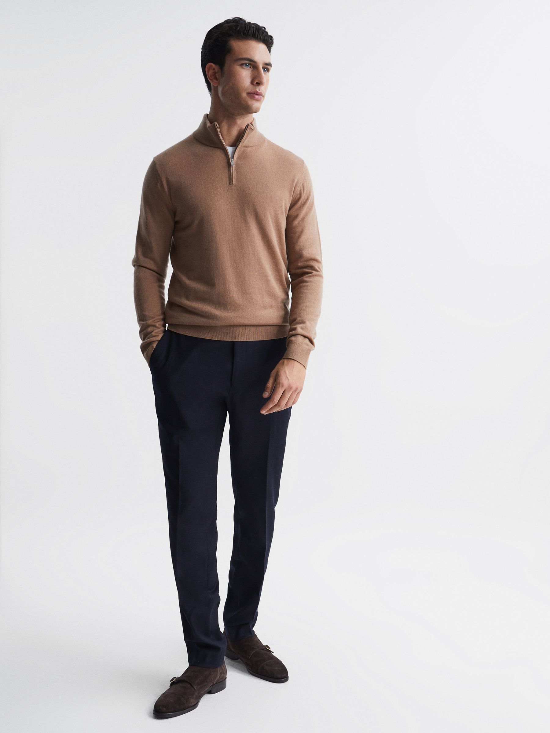 Merino Wool Zip Neck Jumper in Camel - Image 3 of 6