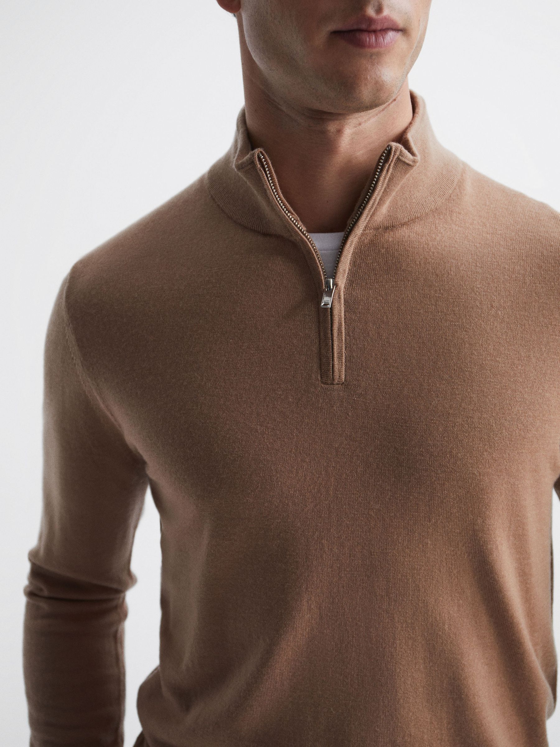 Merino Wool Zip Neck Jumper in Camel - Image 4 of 6