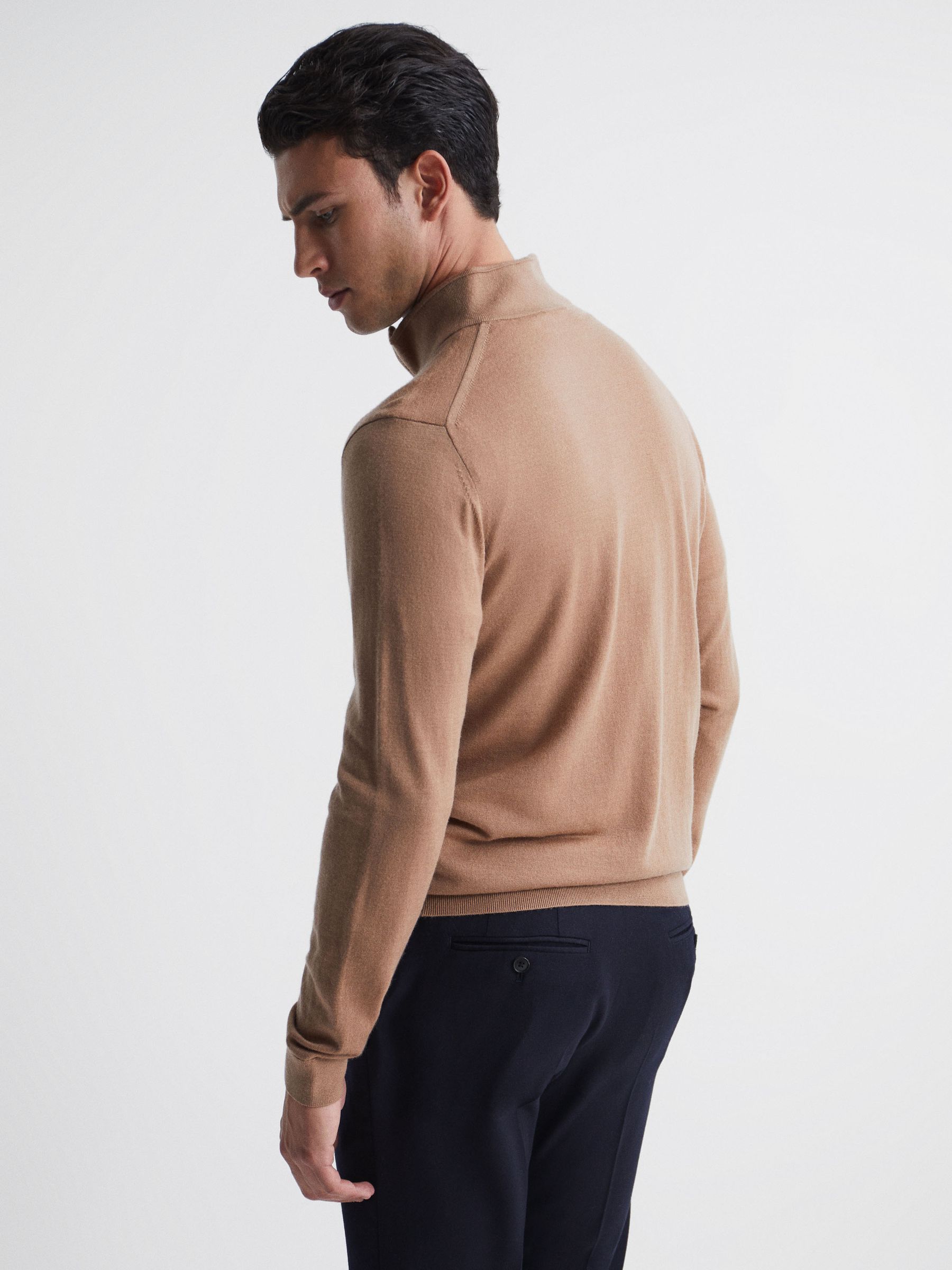 Merino Wool Zip Neck Jumper in Camel - Image 5 of 6