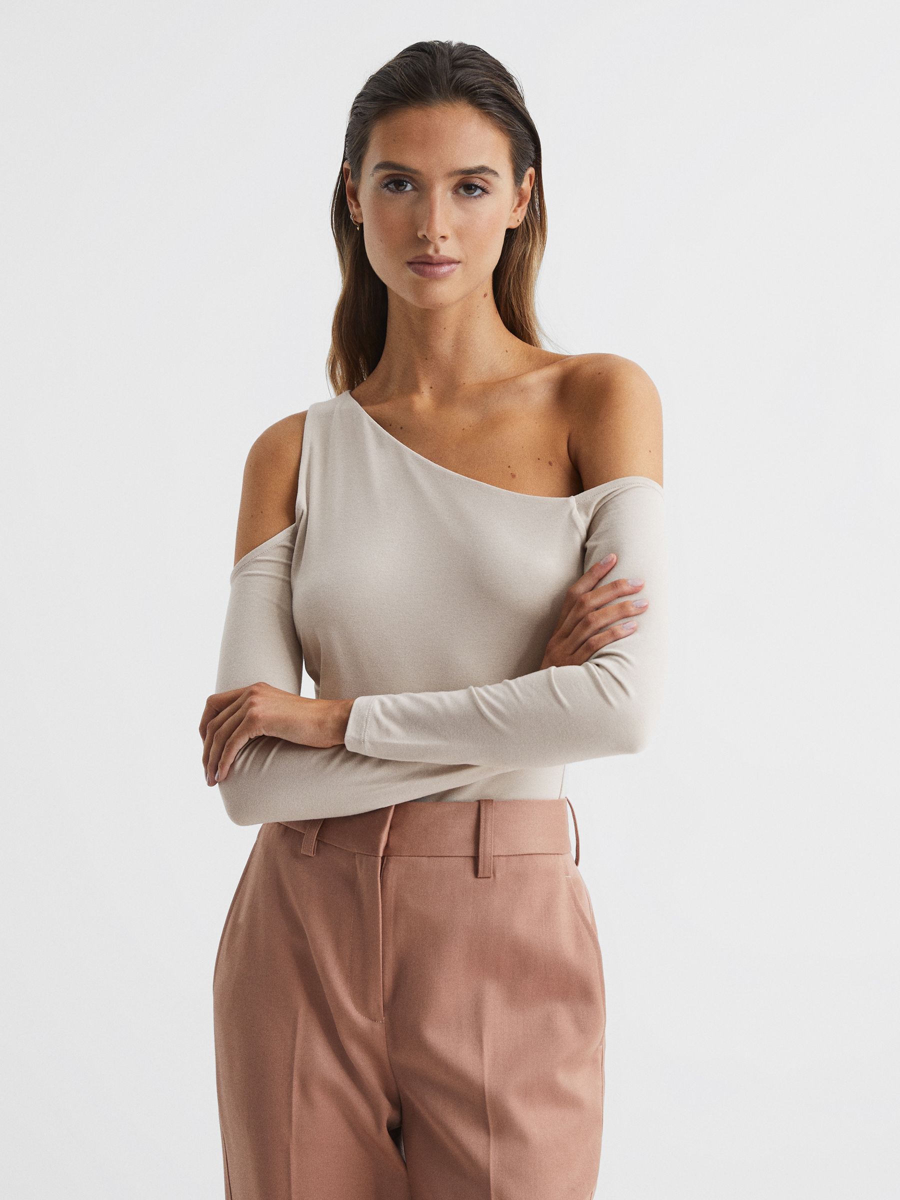 Asymmetric Off Shoulder Top in Champagne - Image 1 of 6