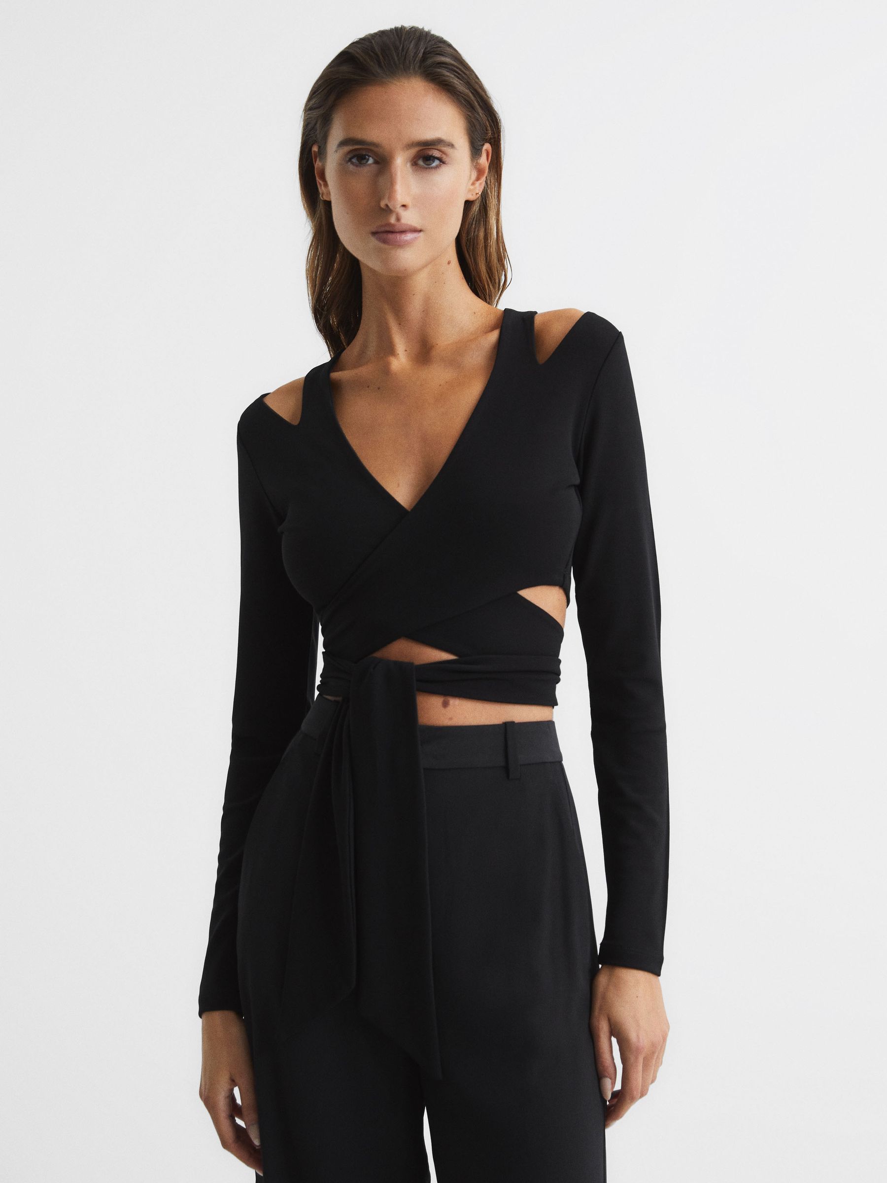 Tie-Front Crop Top in Black - Image 1 of 6