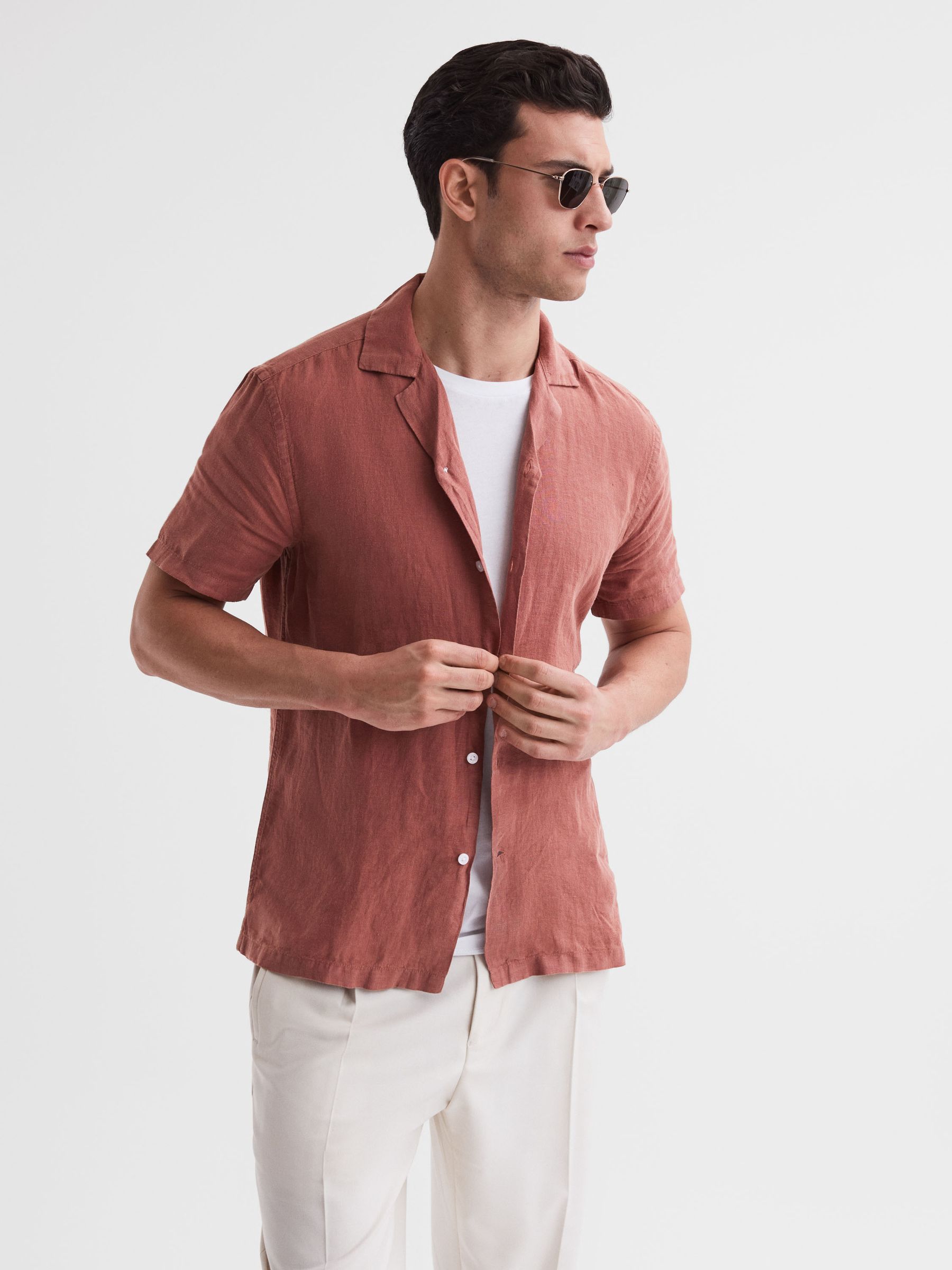 Linen Cuban Collar Shirt in Sienna - Image 1 of 5