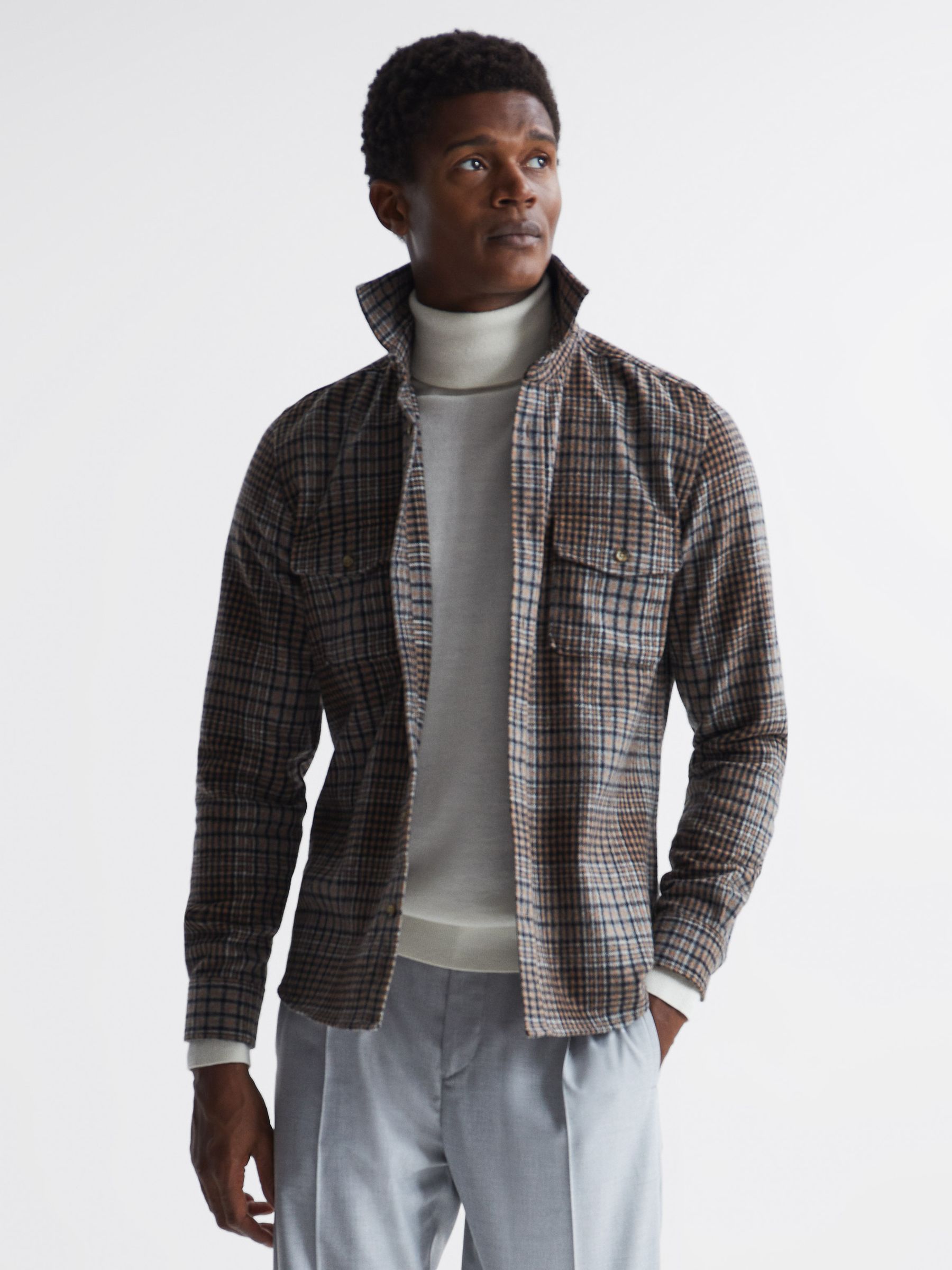Long Sleeve Check Overshirt in Camel/Blue Check - Image 1 of 7