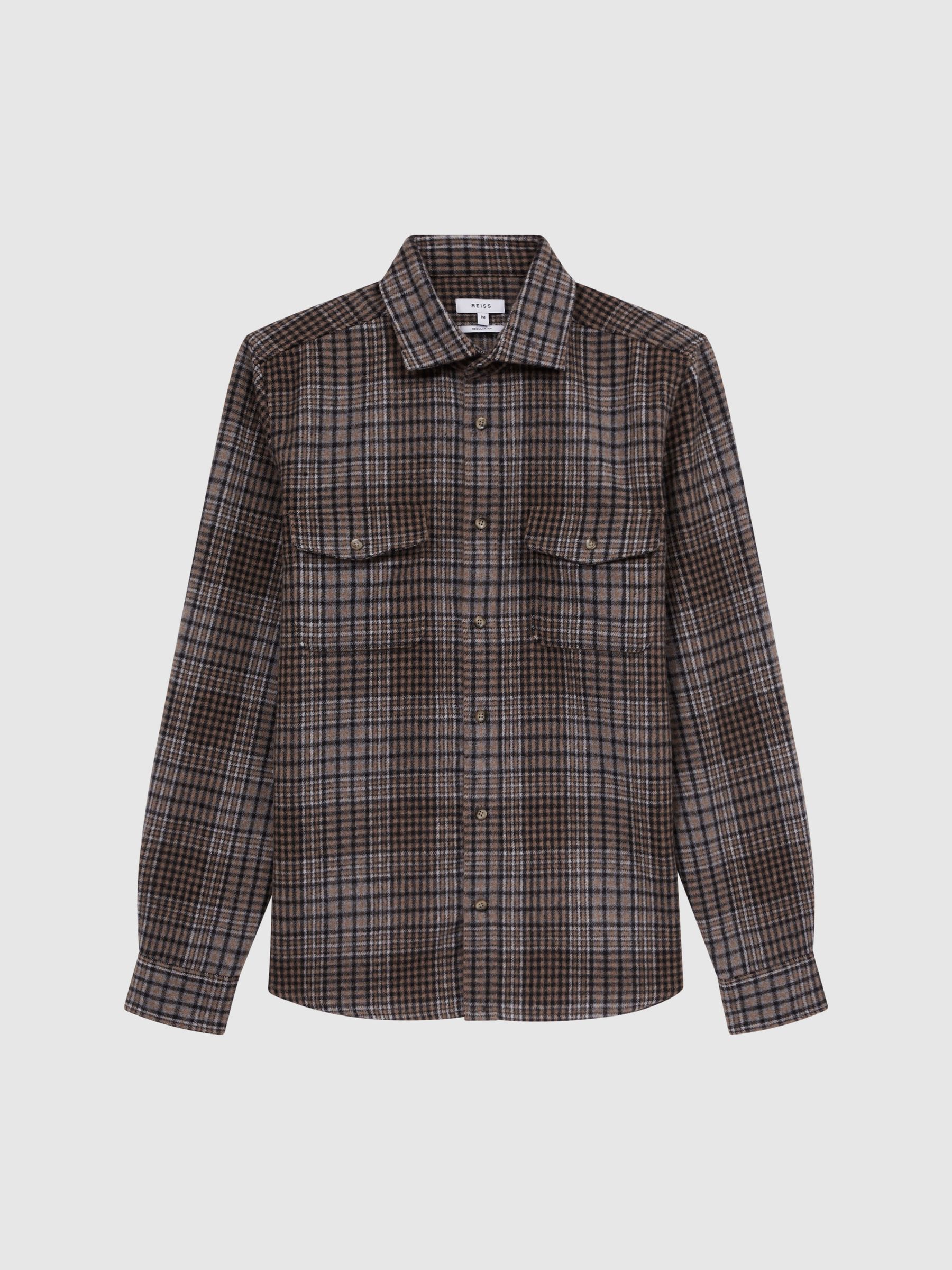 Long Sleeve Check Overshirt in Camel/Blue Check - Image 2 of 7