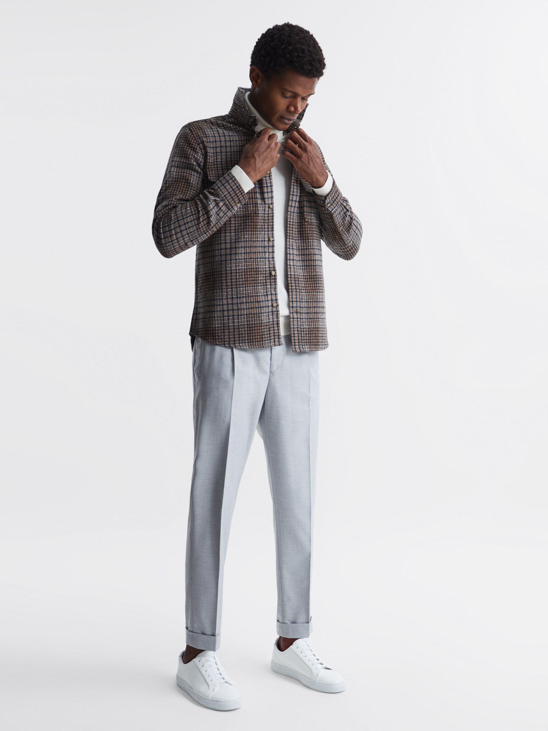 Long Sleeve Check Overshirt in Camel/Blue Check - Image 3 of 7