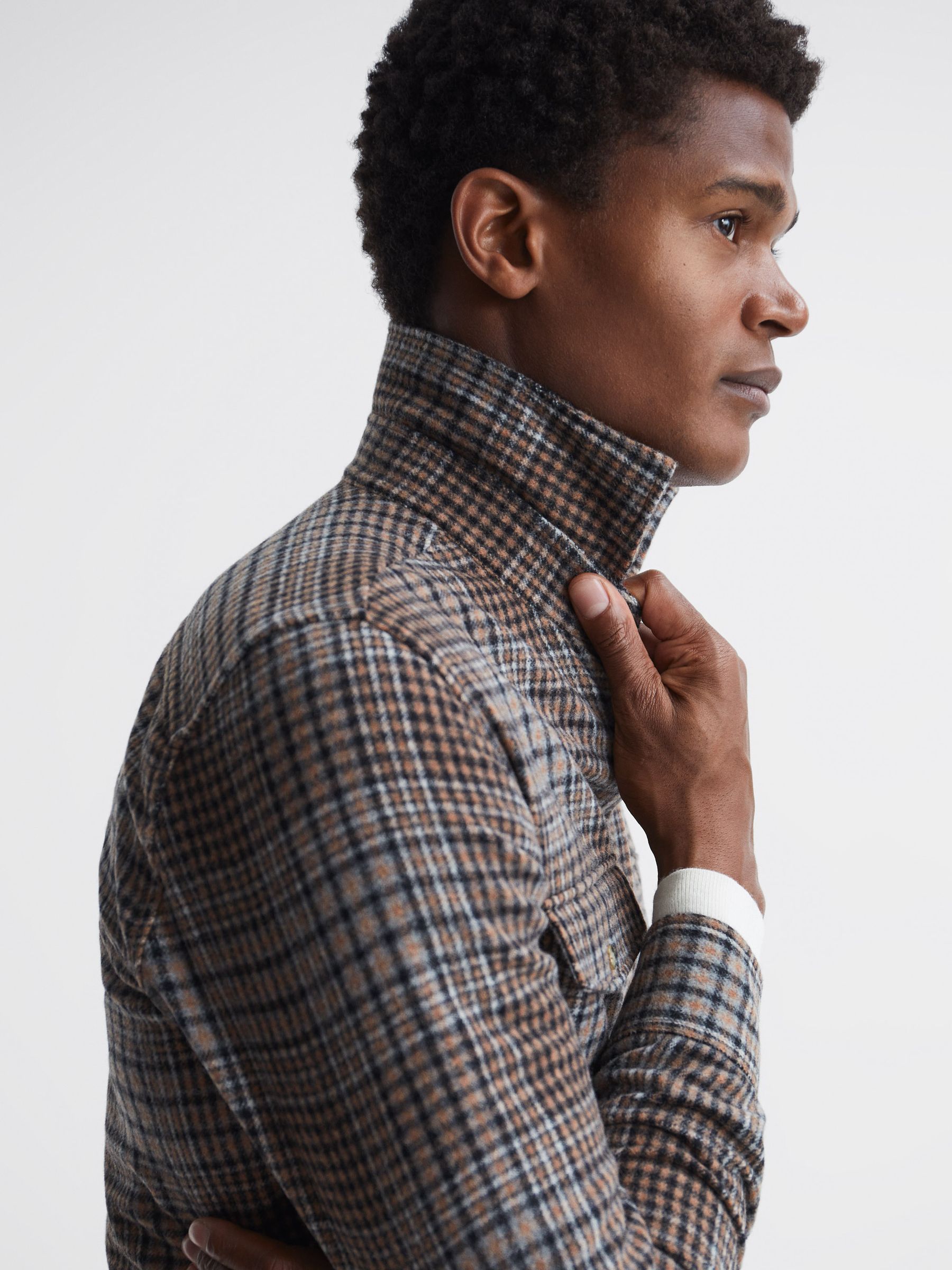 Long Sleeve Check Overshirt in Camel/Blue Check - Image 4 of 7