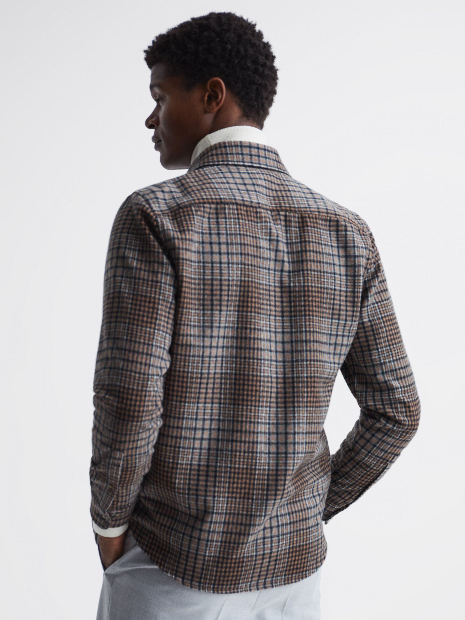 Long Sleeve Check Overshirt in Camel/Blue Check - Image 5 of 7