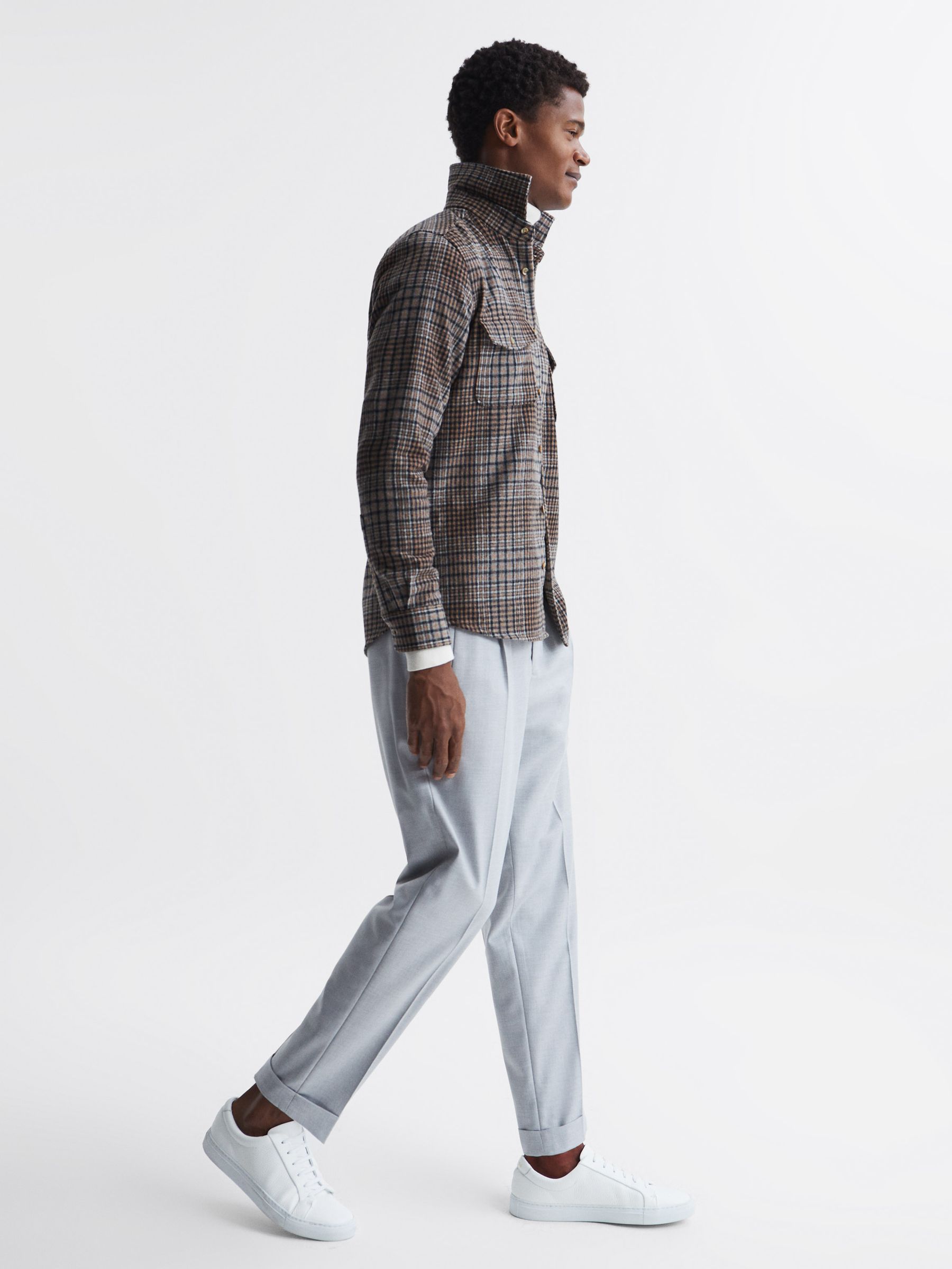 Long Sleeve Check Overshirt in Camel/Blue Check - Image 7 of 7