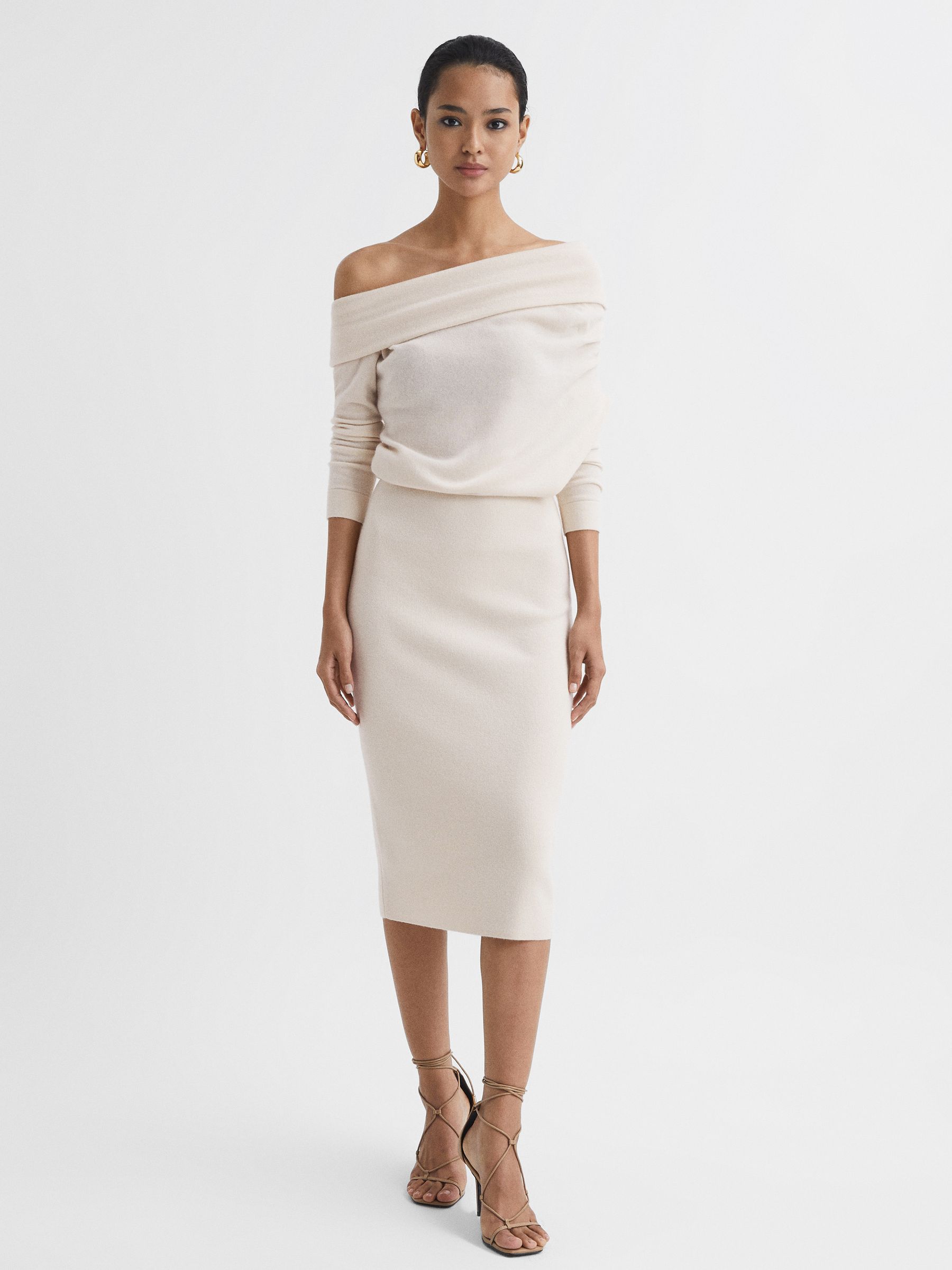 Off Shoulder Knitted Dress in Cream - Image 3 of 5
