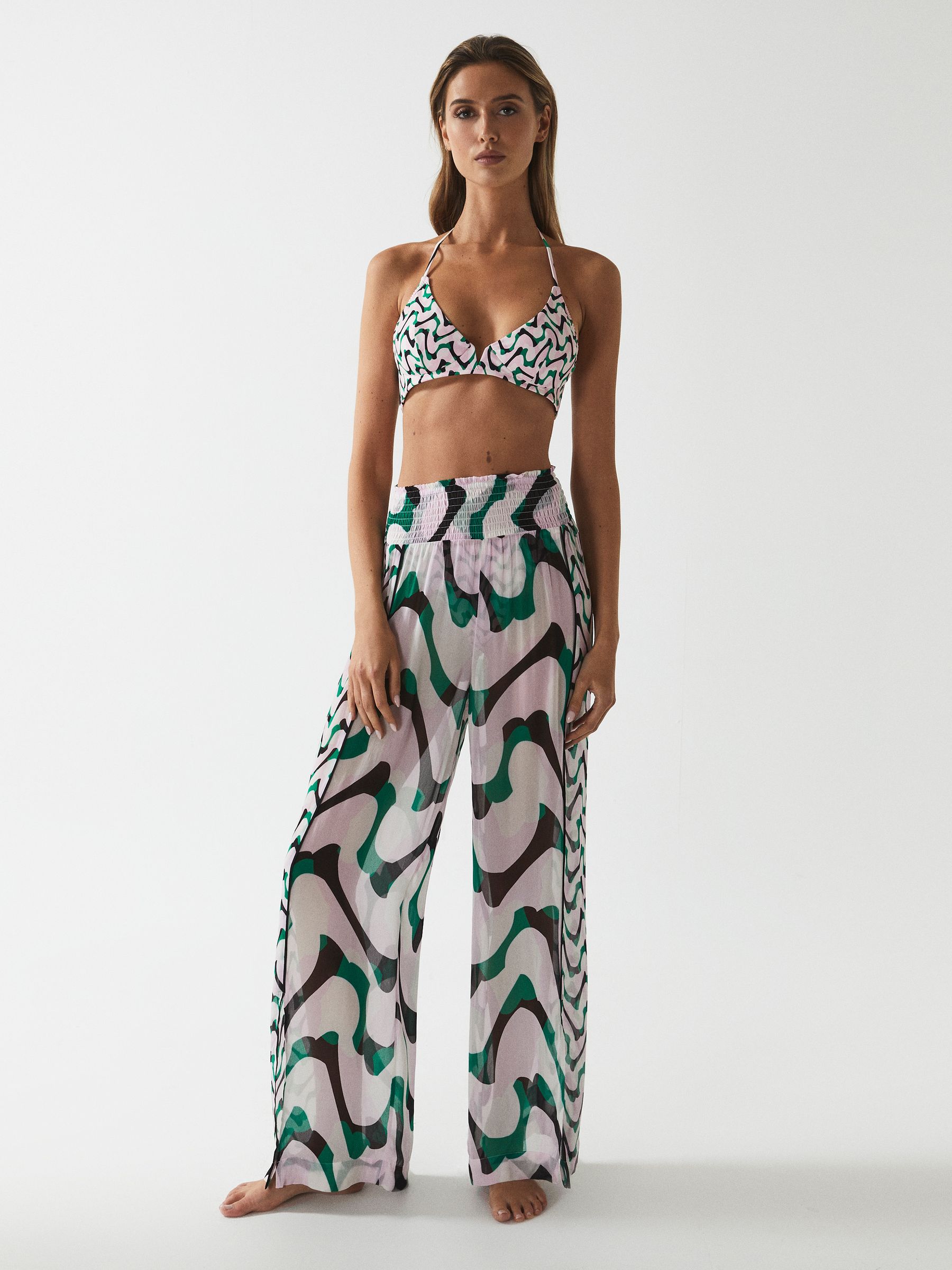 Wide Leg Resort Trousers in Pink/Green - Image 1 of 6