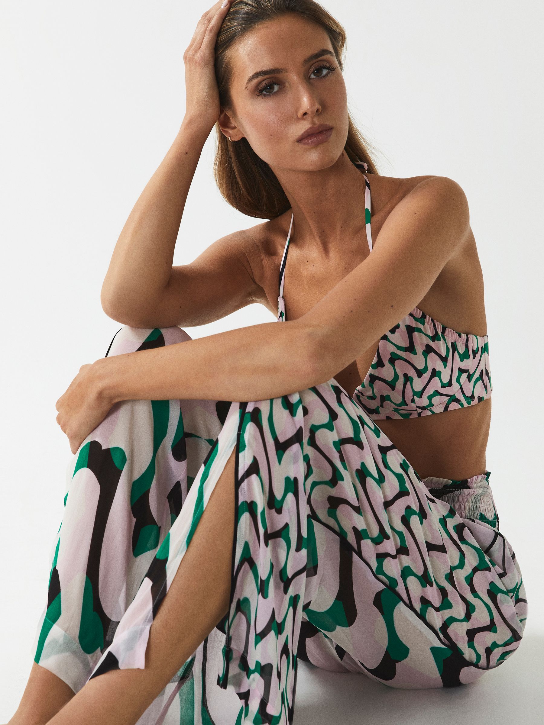 Wide Leg Resort Trousers in Pink/Green - Image 3 of 6