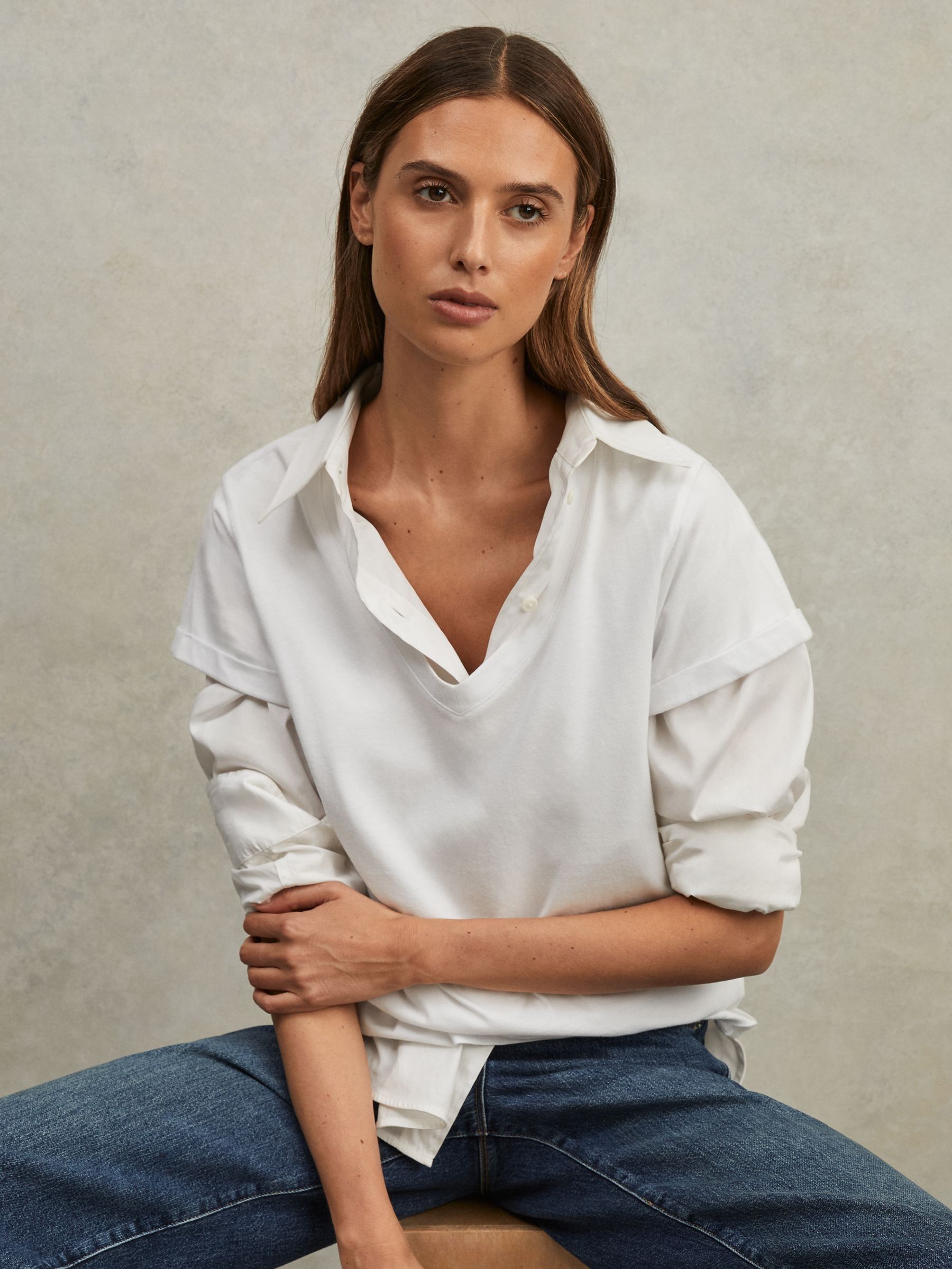 Cotton-Jersey V-Neck T-Shirt in White - image 3