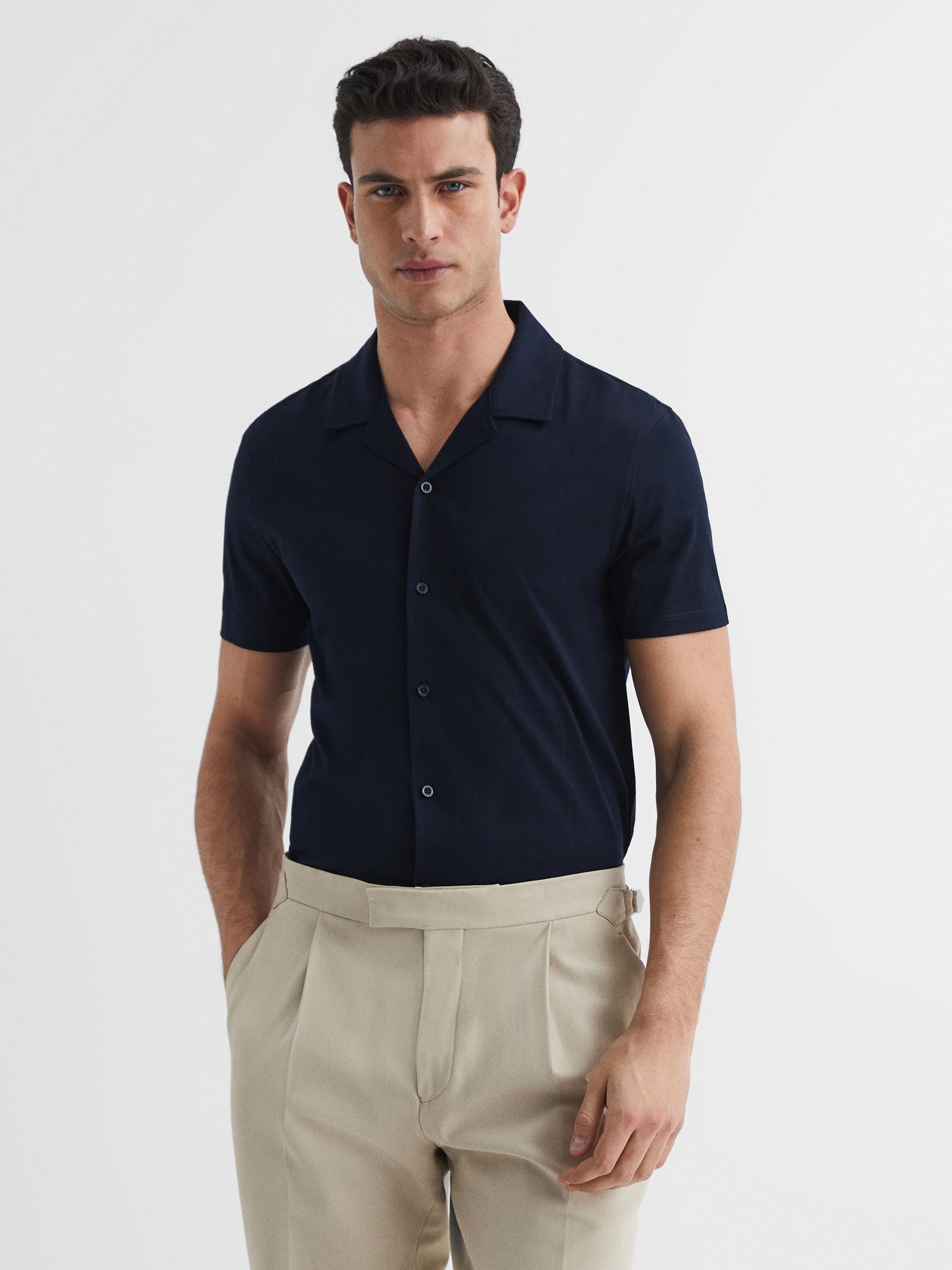 Mercerised 100% Cotton Jersey Cuban Collar Shirt in Navy - Image 1 of 6