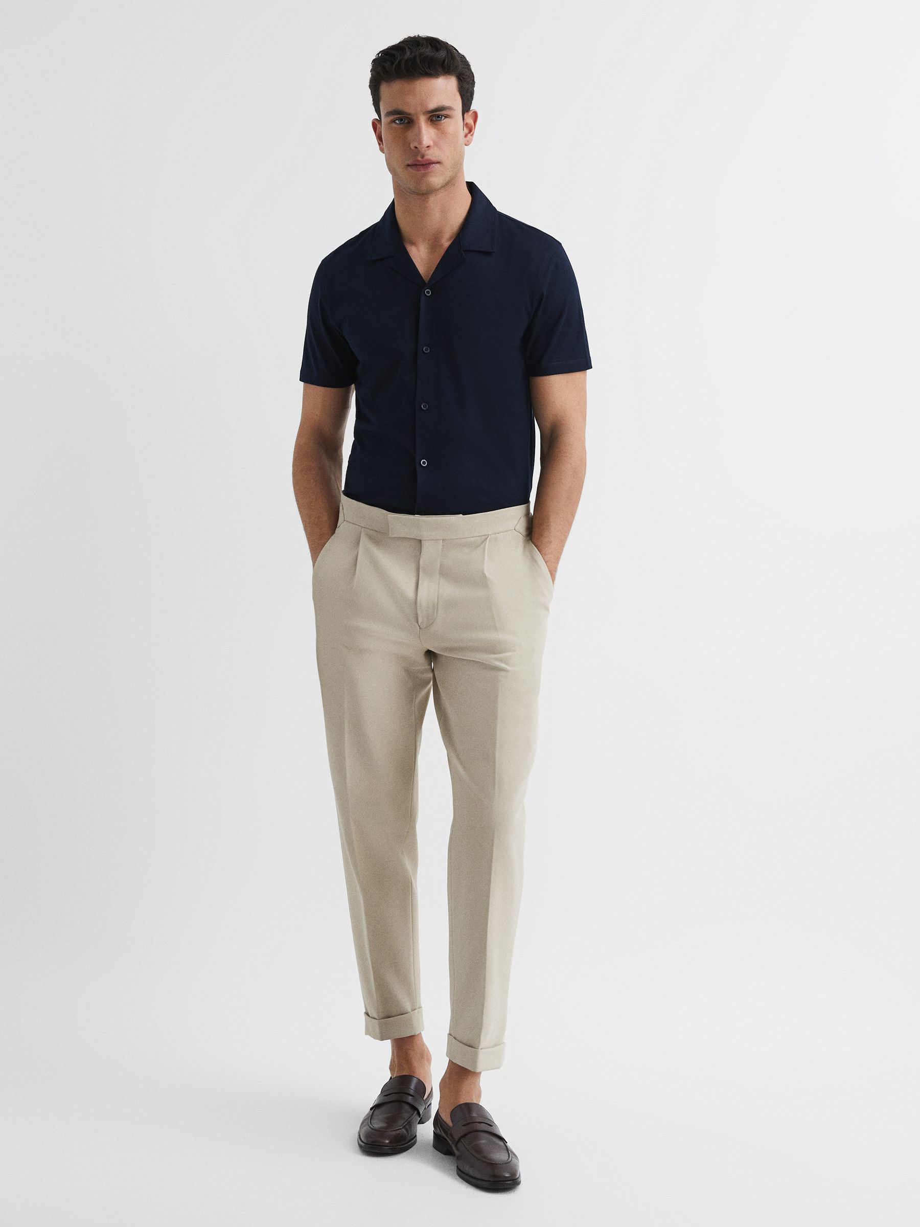 Mercerised 100% Cotton Jersey Cuban Collar Shirt in Navy - Image 3 of 6