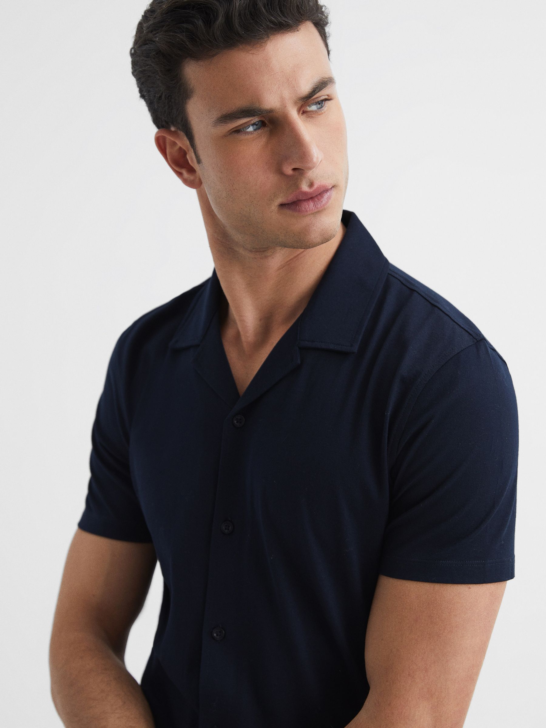 Mercerised 100% Cotton Jersey Cuban Collar Shirt in Navy - Image 4 of 6