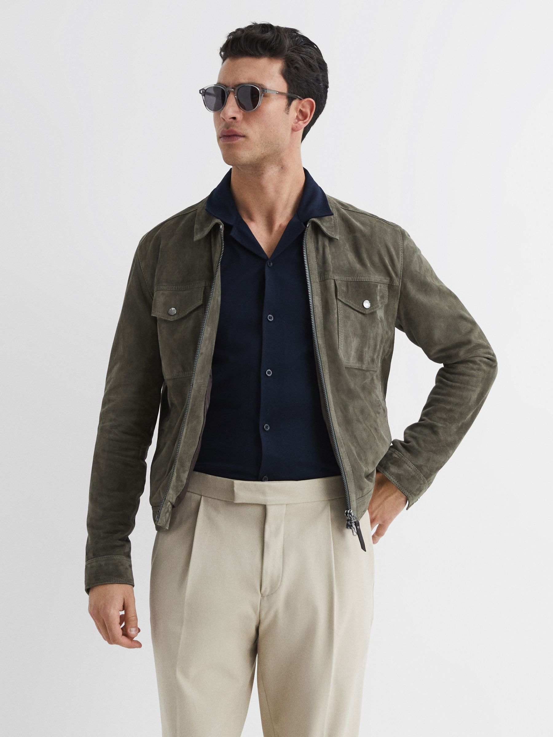 Mercerised 100% Cotton Jersey Cuban Collar Shirt in Navy - Image 6 of 6