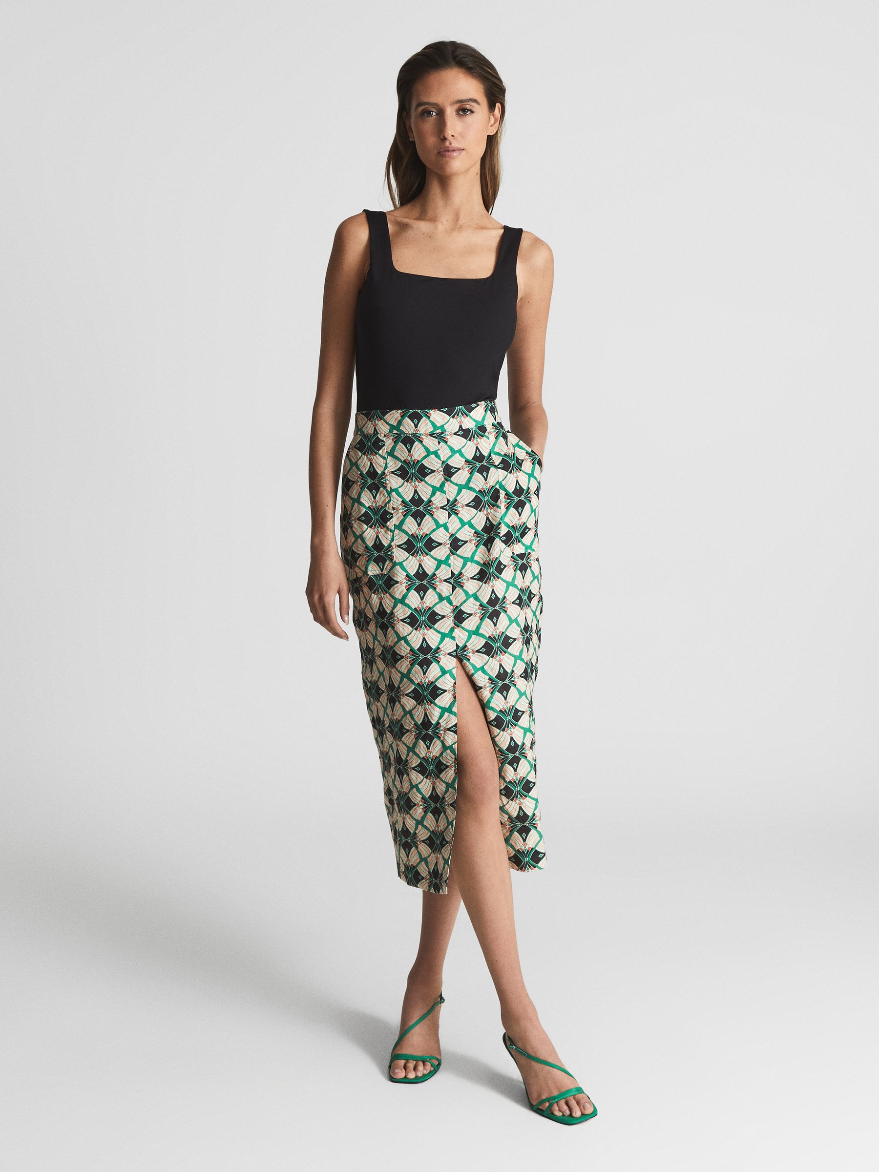 Printed Pencil Skirt in Green - Image 1 of 5
