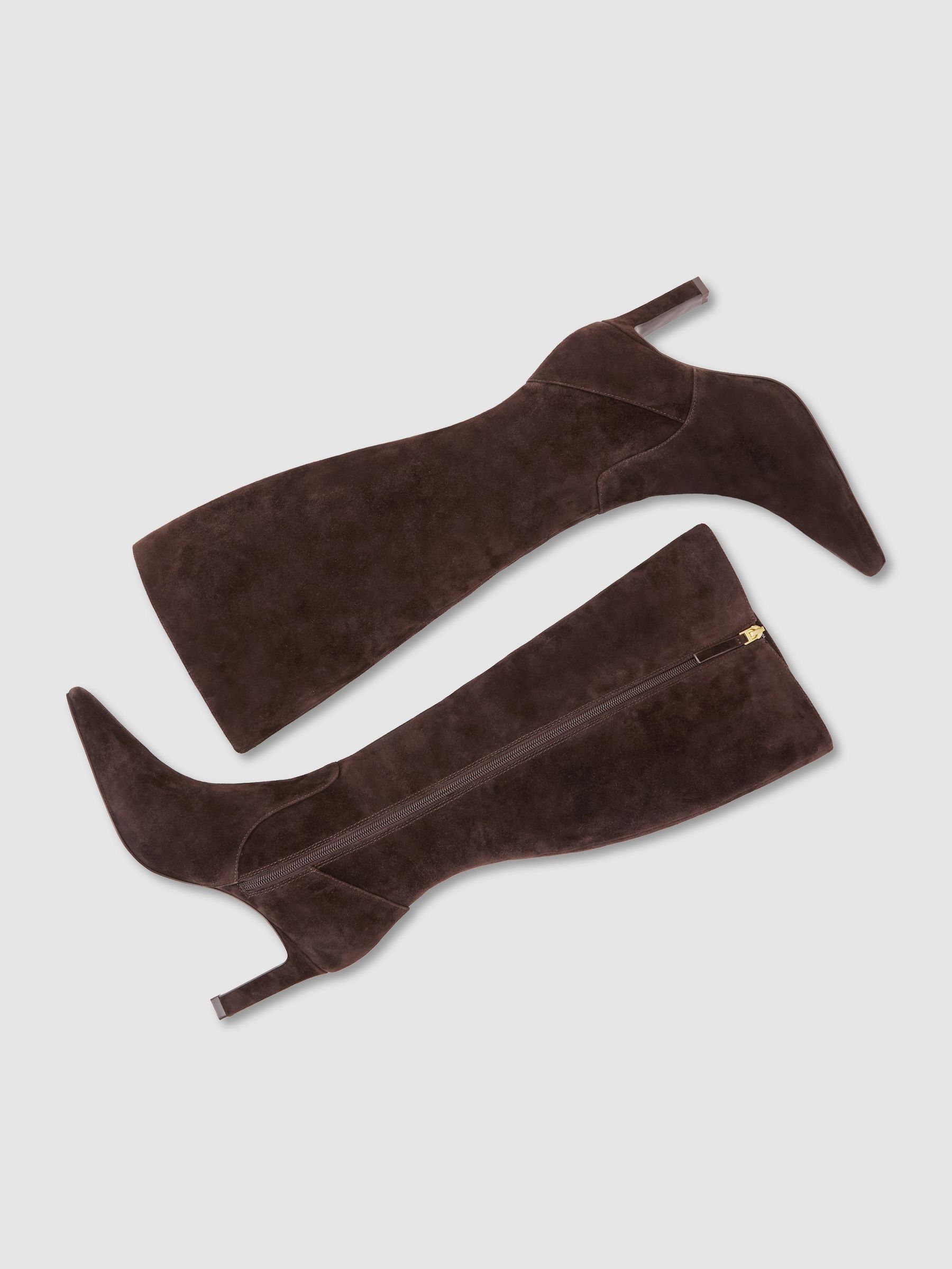 Suede Heeled Knee-High Boots in Chocolate - Image 3 of 9