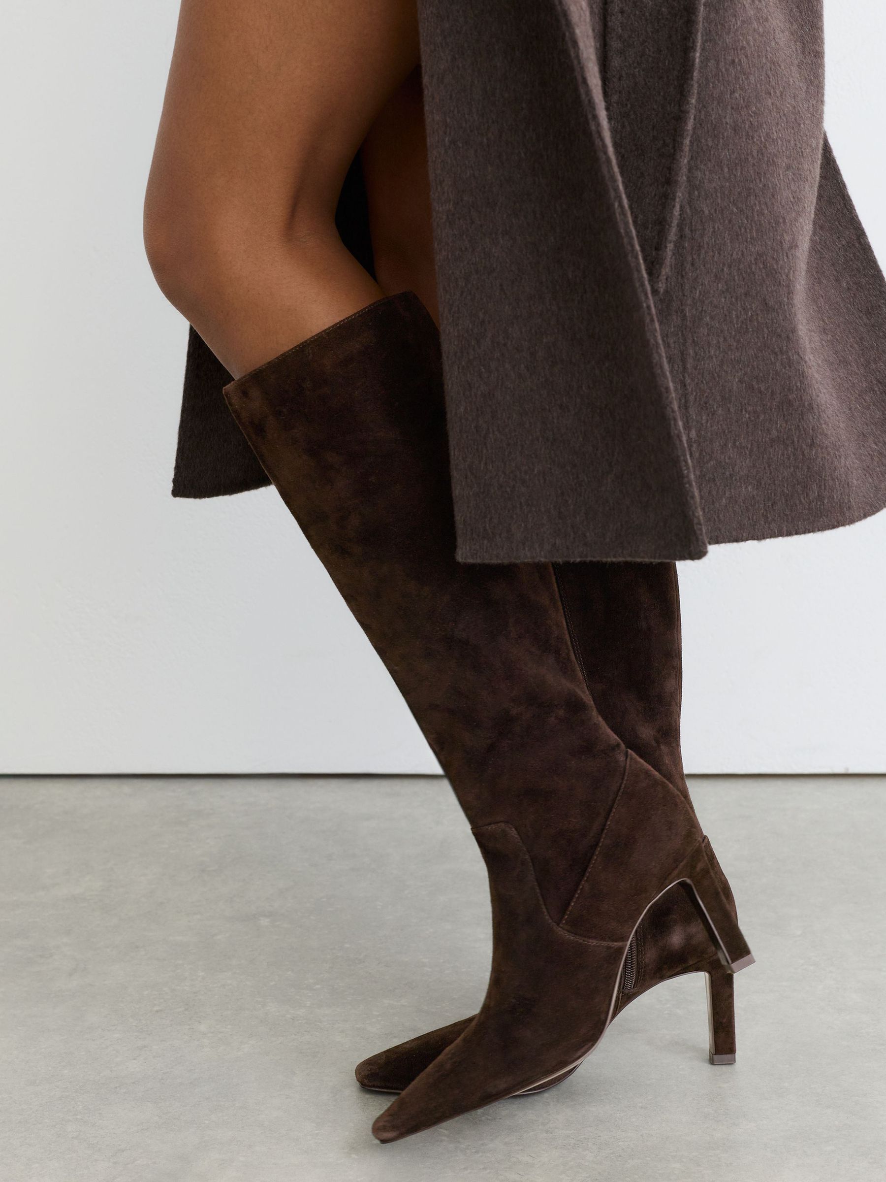 Suede Heeled Knee-High Boots in Chocolate - Image 4 of 9