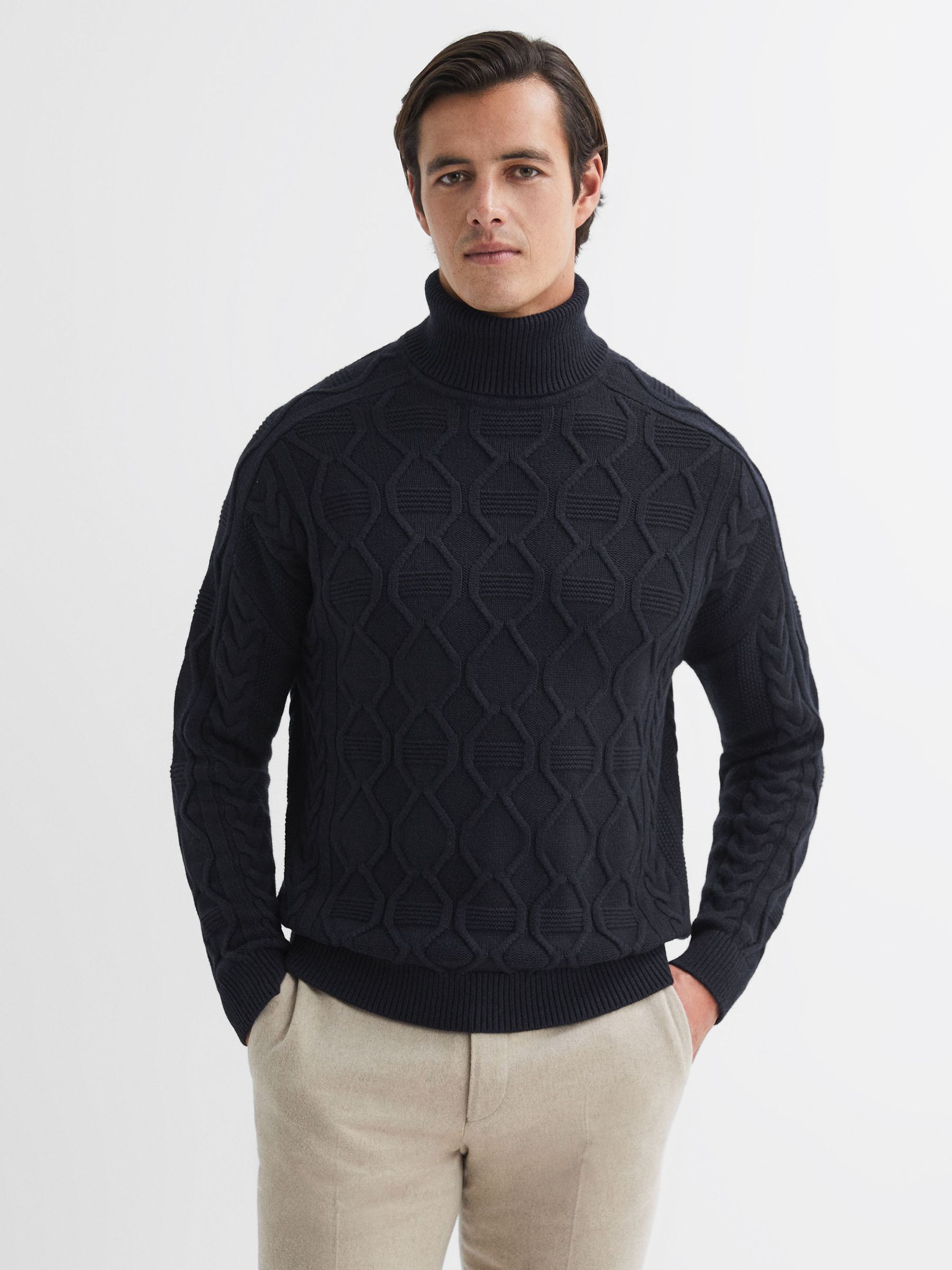 Cable Knitted Roll Neck Jumper in Navy - Image 1 of 5