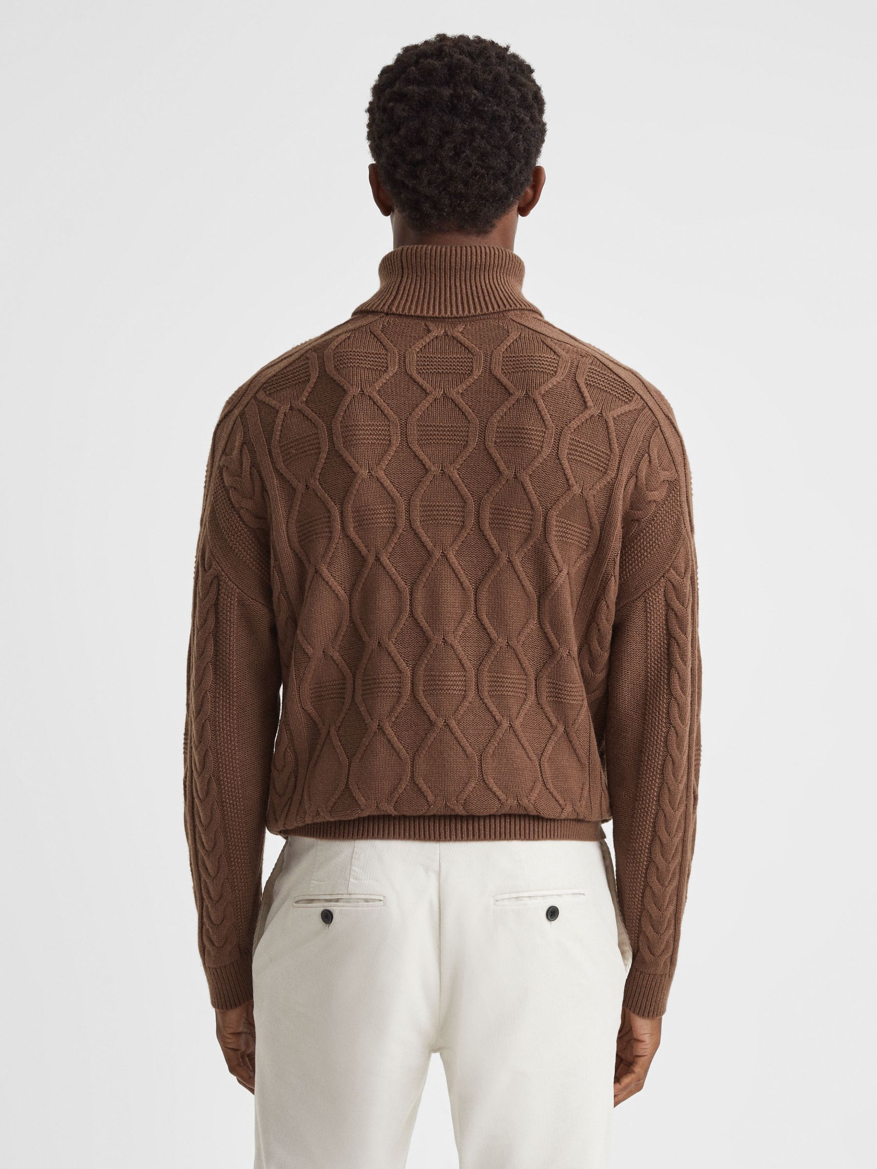 Cable Knitted Roll Neck Jumper in Tobacco - Image 4 of 5