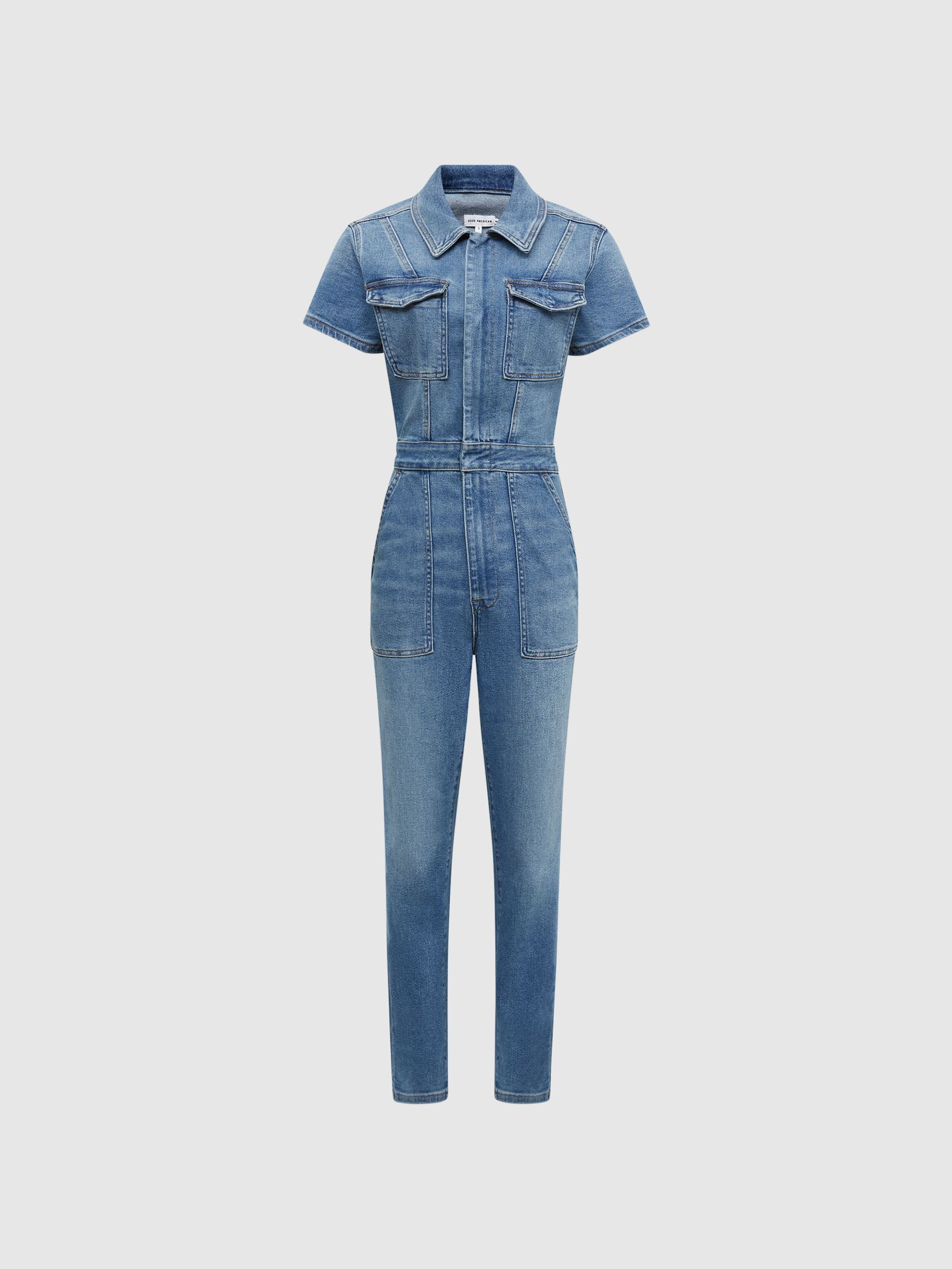 Good American Denim Skinny Jumpsuit in Mid Blue - Image 2 of 4