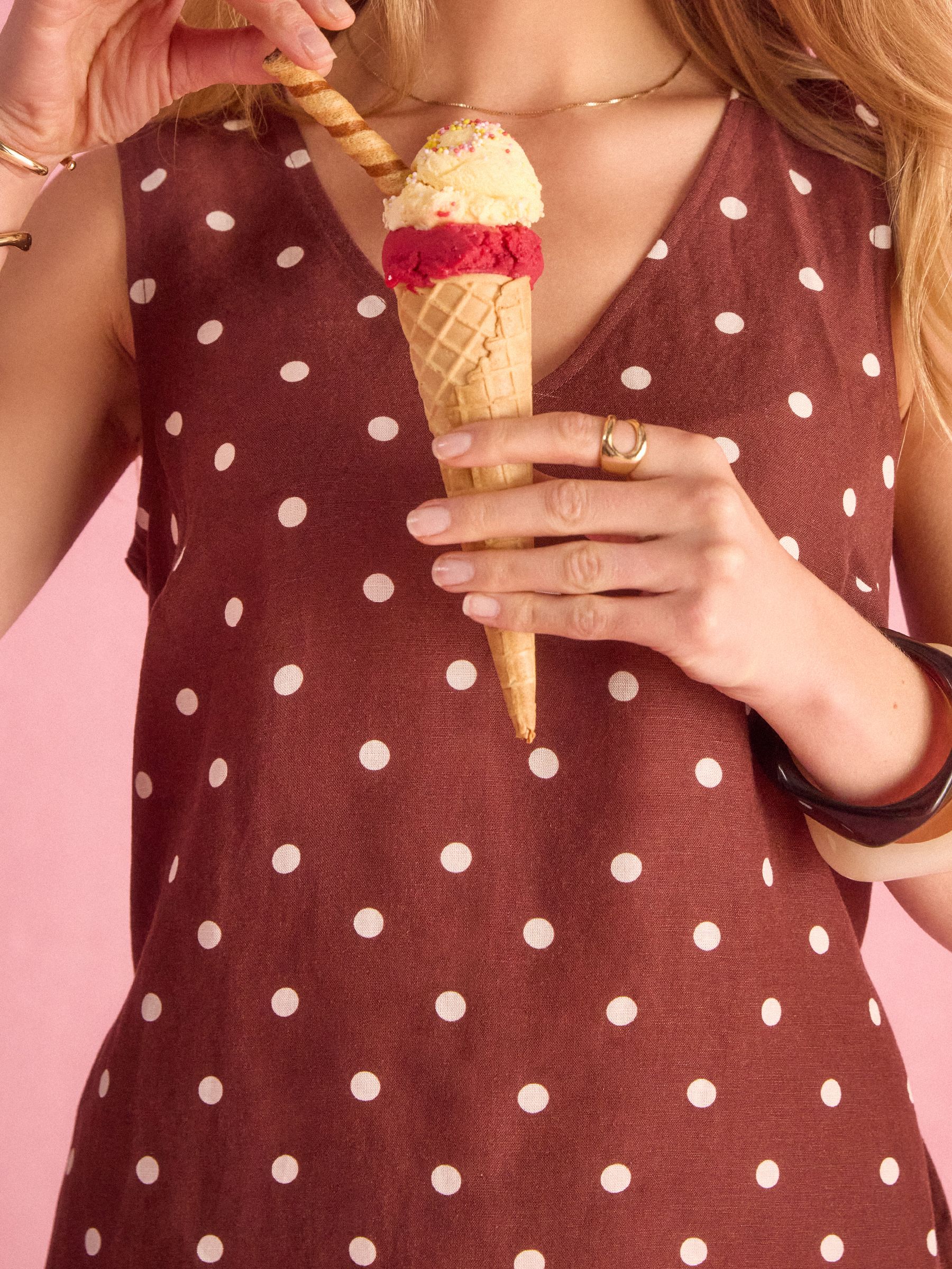 Delphine Chocolate Brown with Cream Spot V Neck Shift Dress With Linen - Image 3 of 10