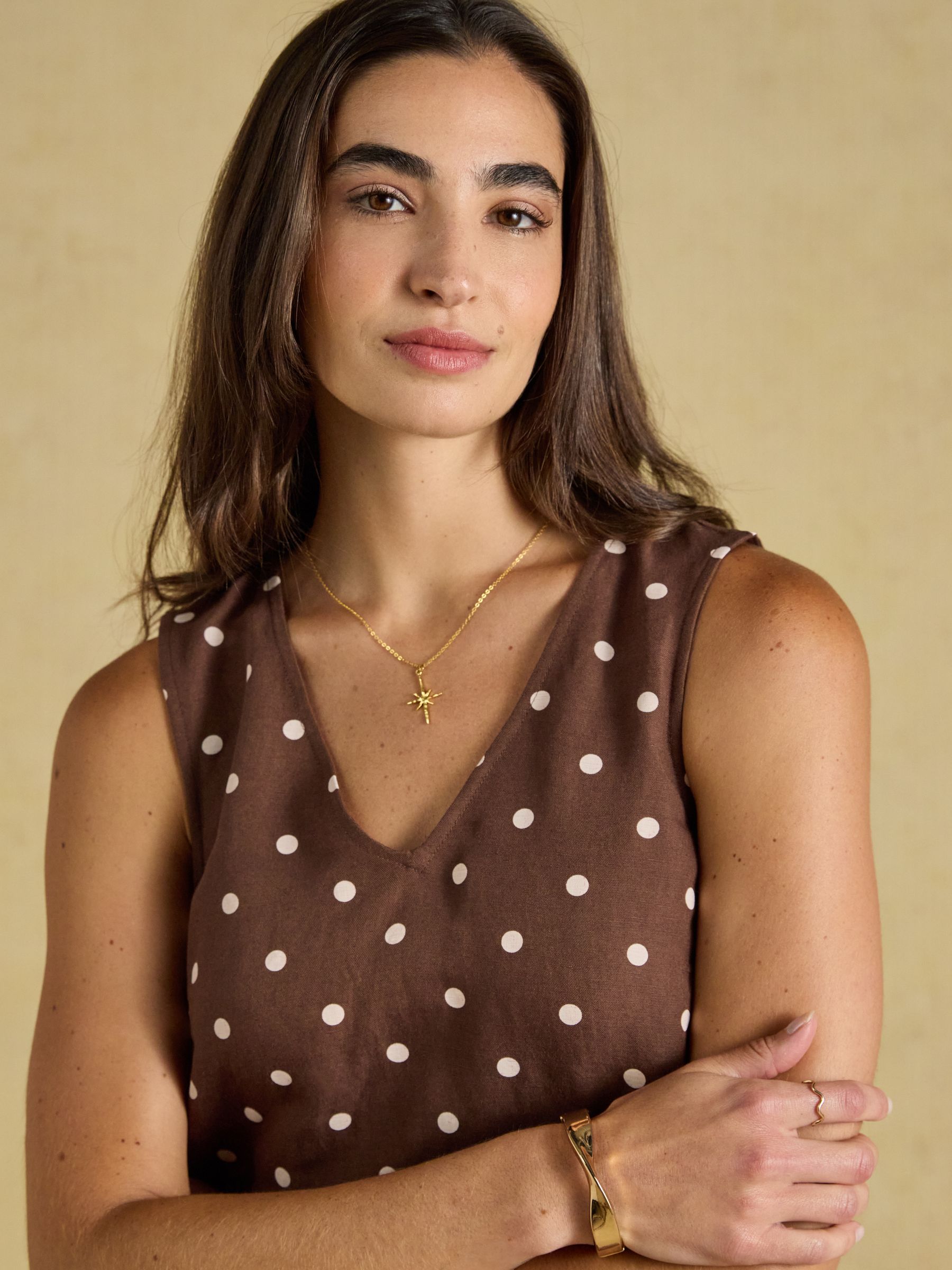 Delphine Chocolate Brown with Cream Spot V Neck Shift Dress With Linen - Image 4 of 10
