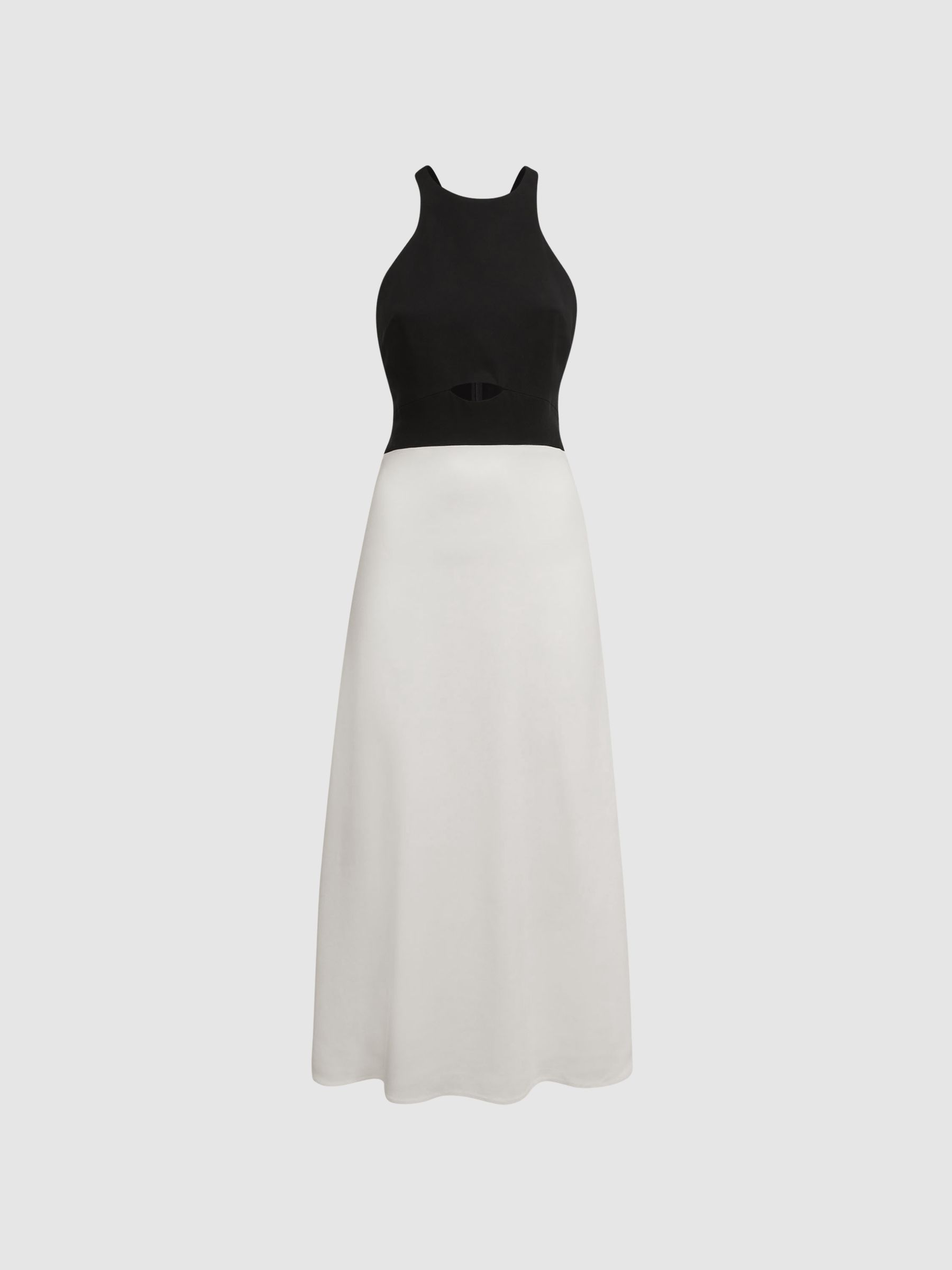 Halter Neck Cut Out Midi Dress in Black/White - Image 2 of 4