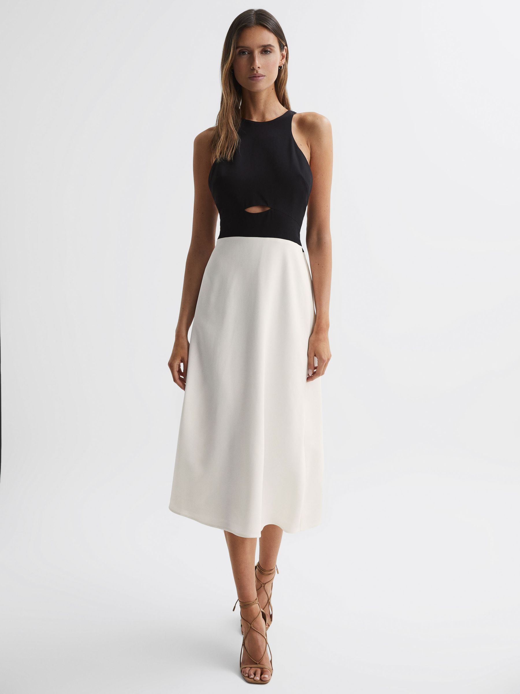 Halter Neck Cut Out Midi Dress in Black/White - Image 3 of 4