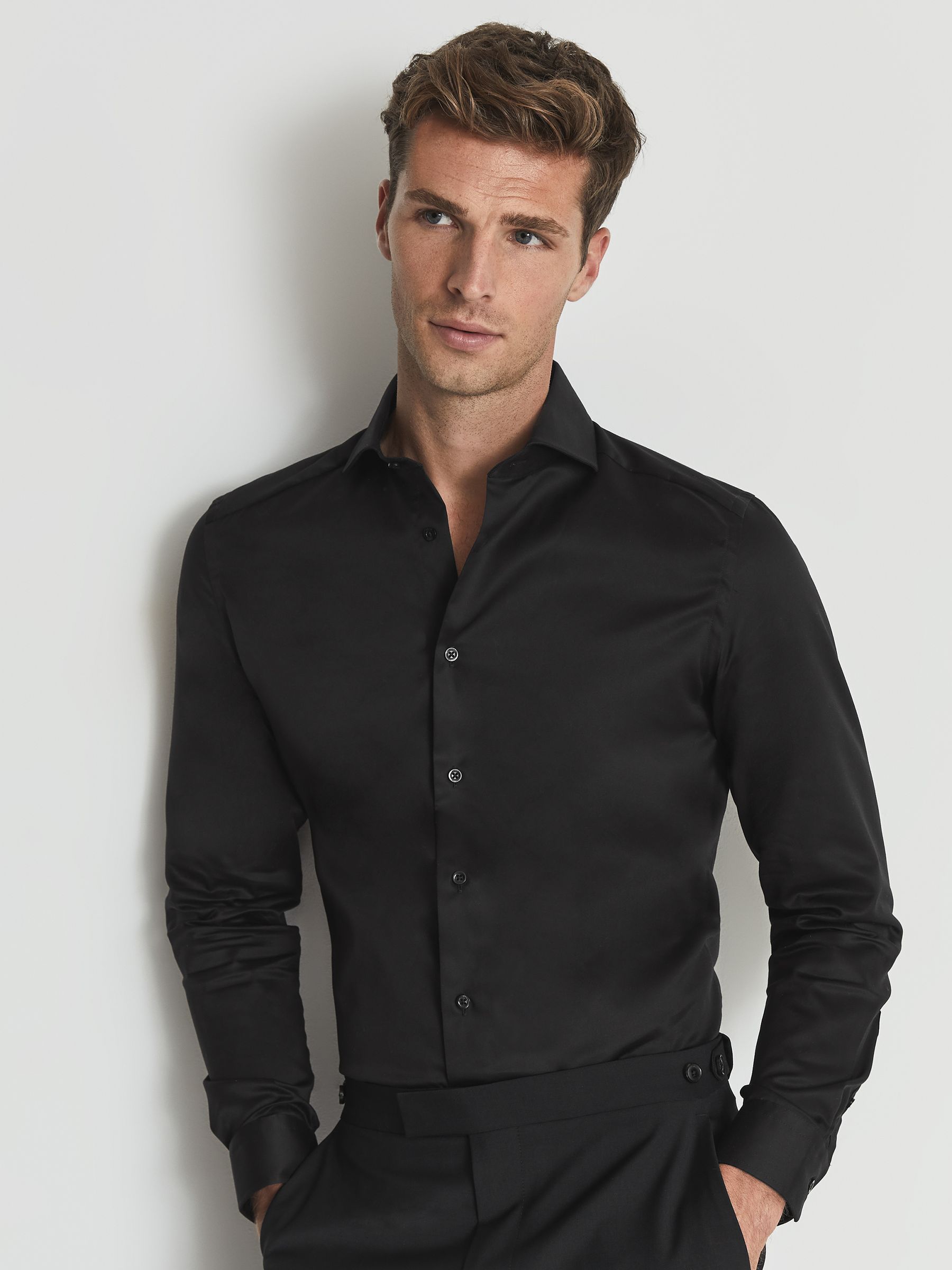 Cotton Twill Slim Fit Shirt in Black - Image 1 of 6 Cotton Twill Slim Fit Shirt in Black - Image 1 of 6