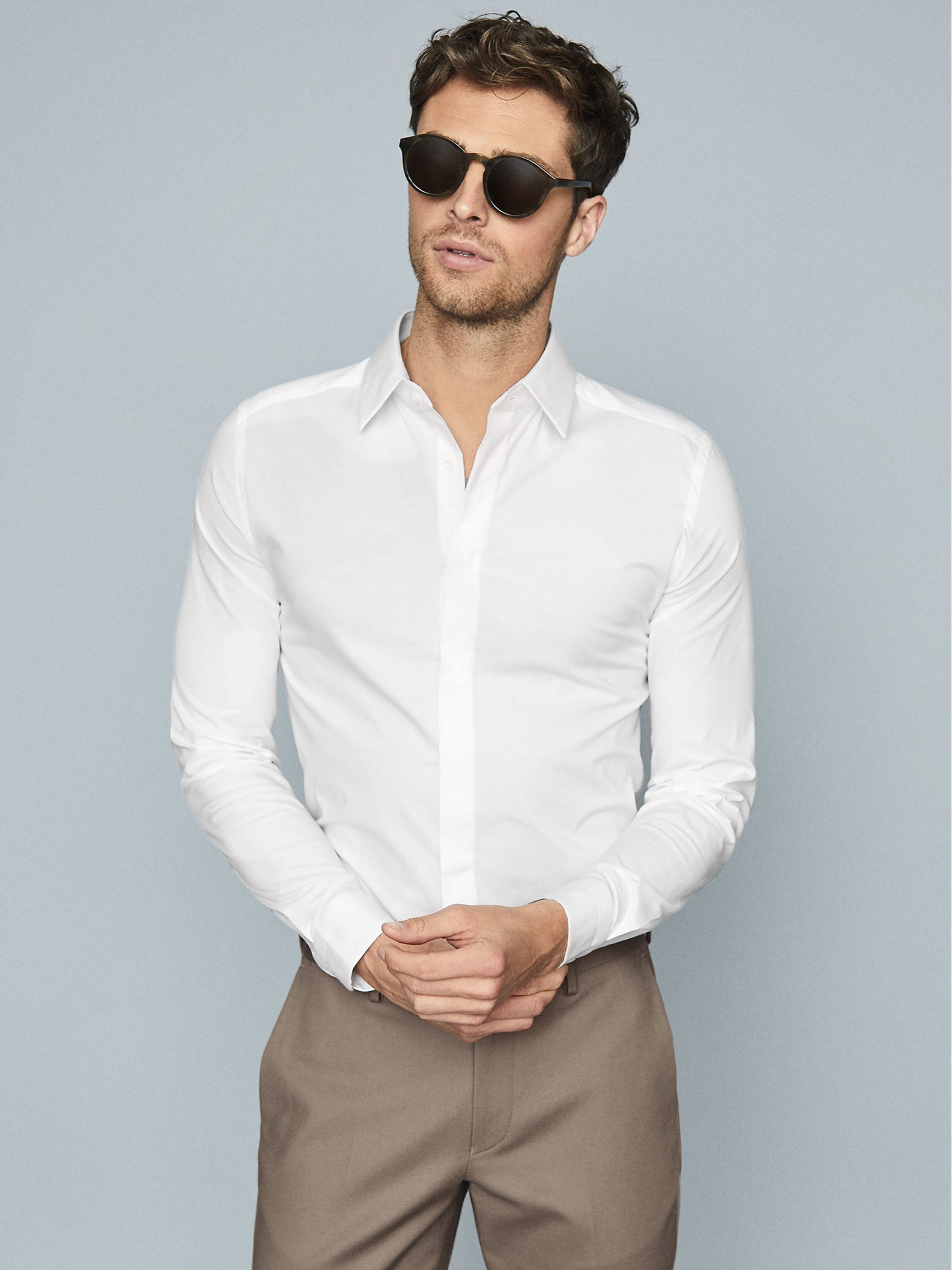 Cotton Stretch Poplin Slim Fit Shirt in White - Image 6 of 7