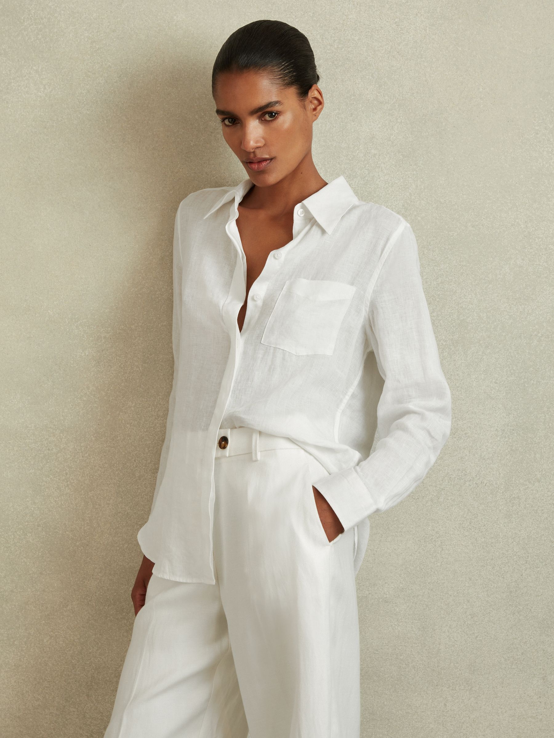Linen Long Sleeve Shirt in White - Image 3 of 6