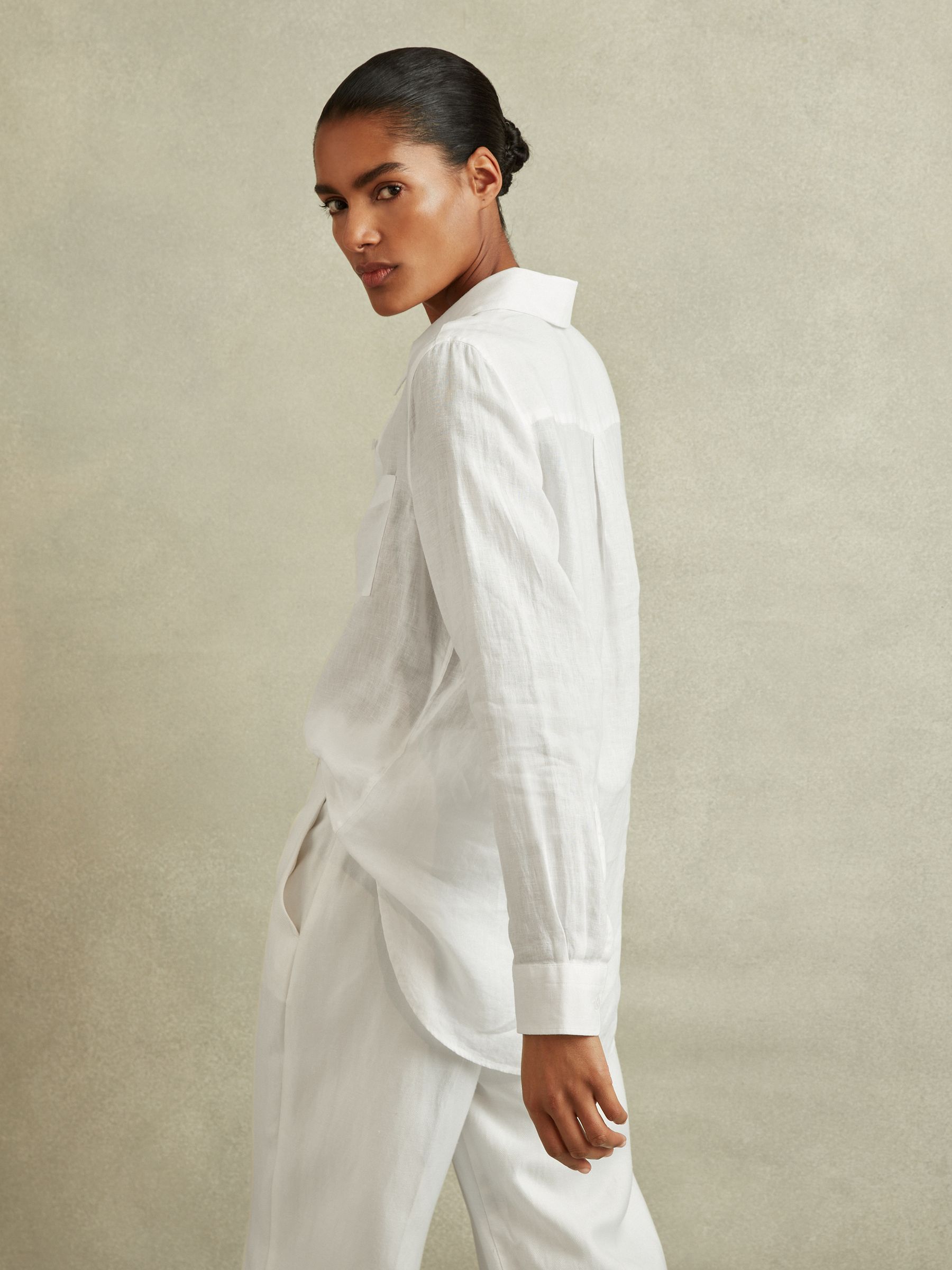 Linen Long Sleeve Shirt in White - Image 5 of 6