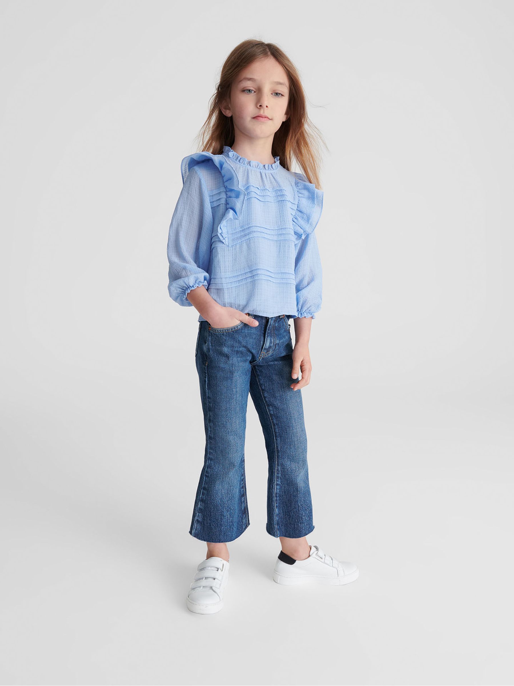 Ruffle Shoulder Blouse in Blue - Image 1 of 6