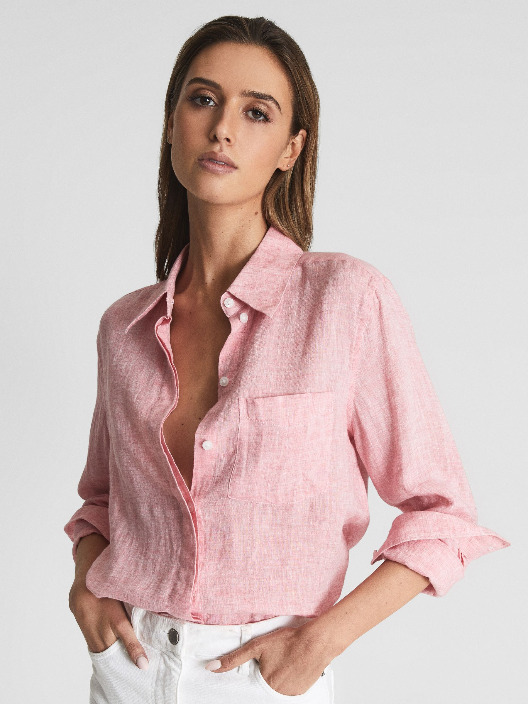 Linen Long Sleeve Shirt in Pink - Image 1 of 6