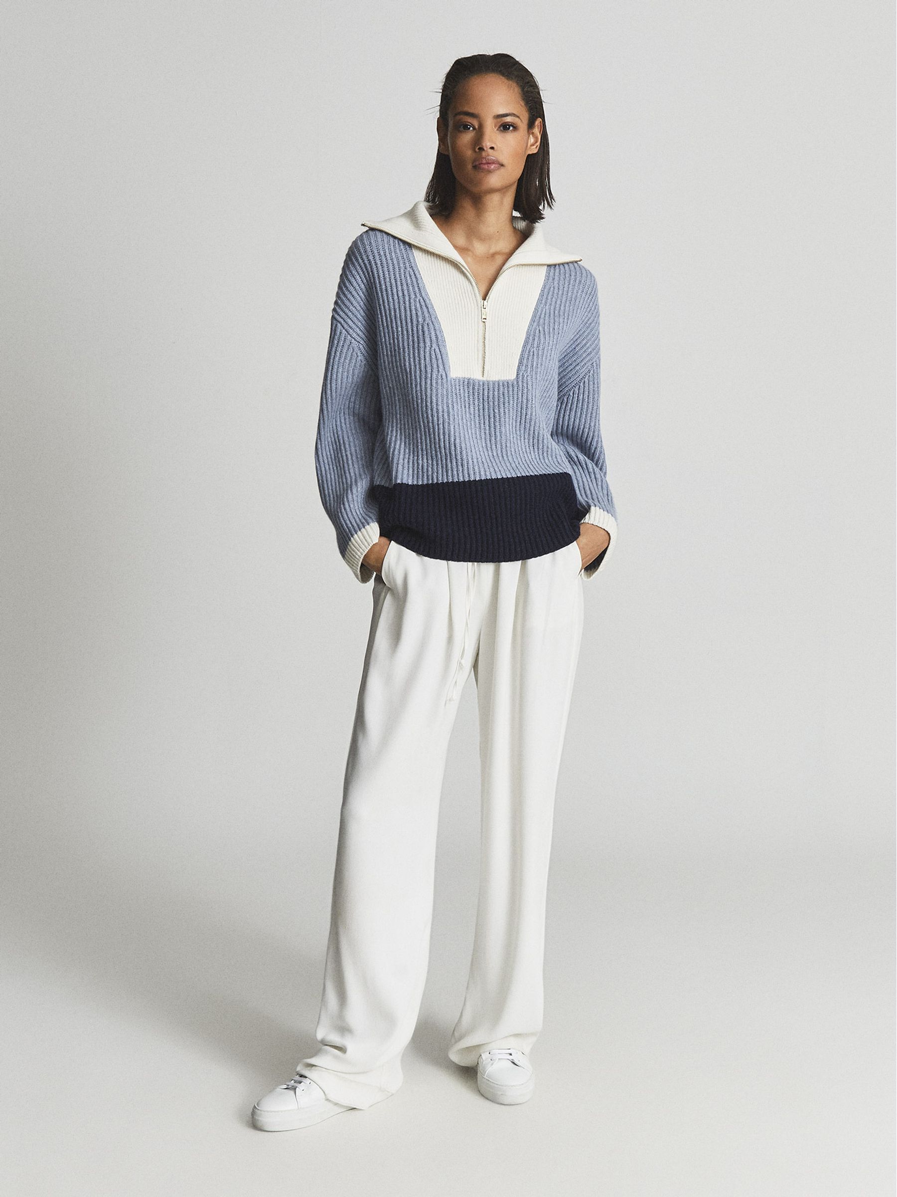 Rib Knit Half Zip Wool Blend Jumper in Blue - Image 1 of 6