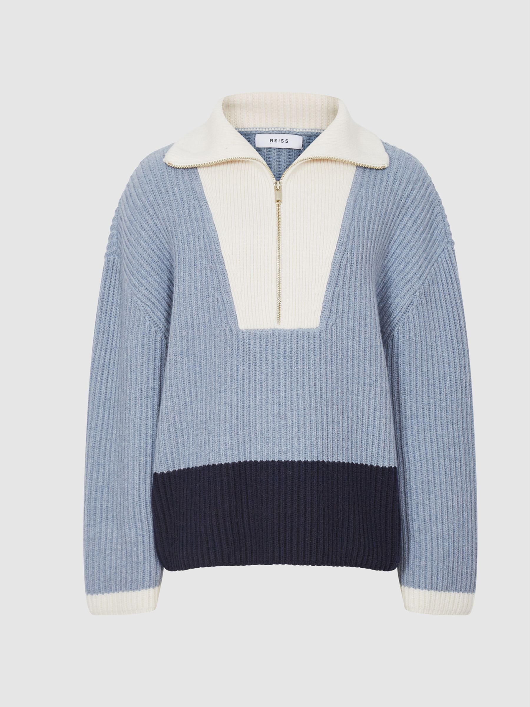 Rib Knit Half Zip Wool Blend Jumper in Blue - Image 2 of 6