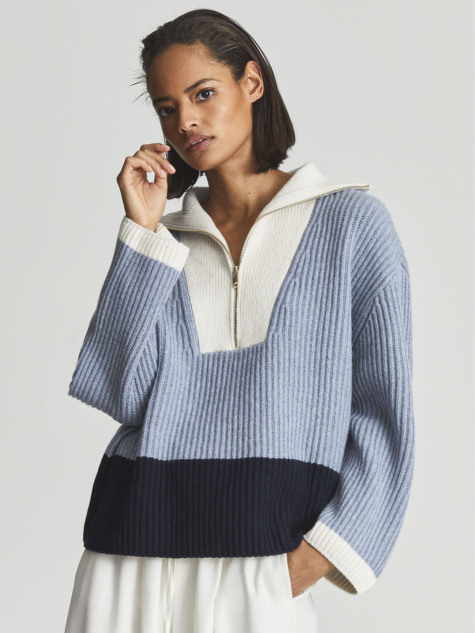 Rib Knit Half Zip Wool Blend Jumper in Blue - Image 4 of 6