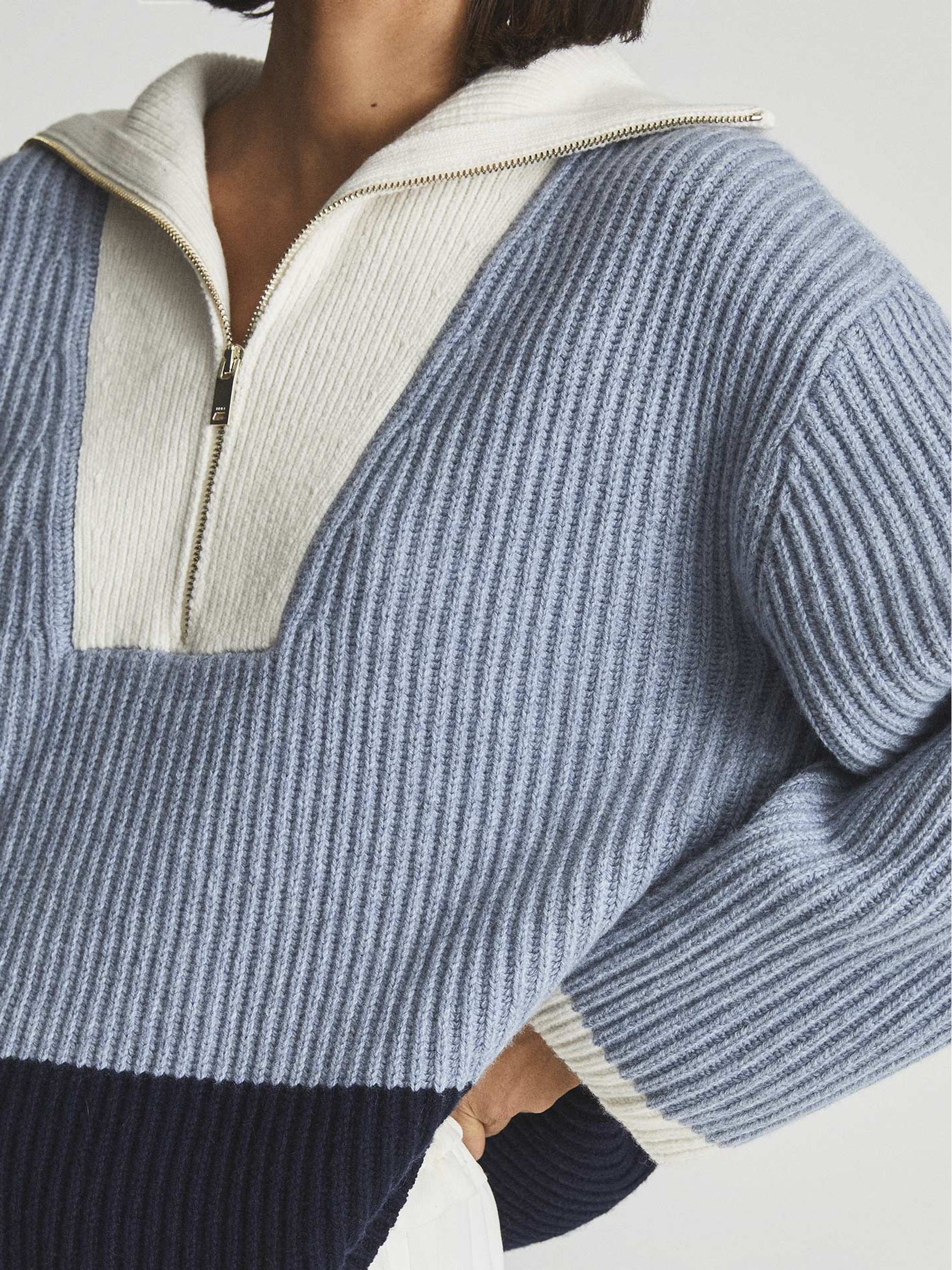 Rib Knit Half Zip Wool Blend Jumper in Blue - Image 6 of 6