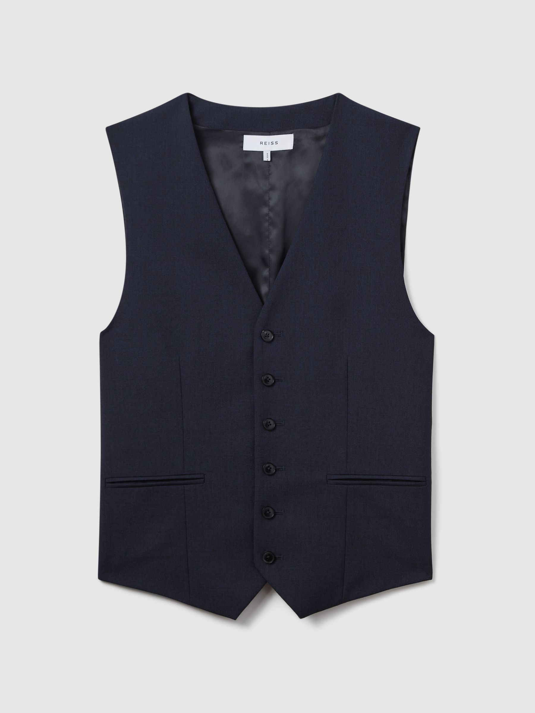 Classic Slim Fit Wool Horseshoe Waistcoat in Navy - Image 2 of 6