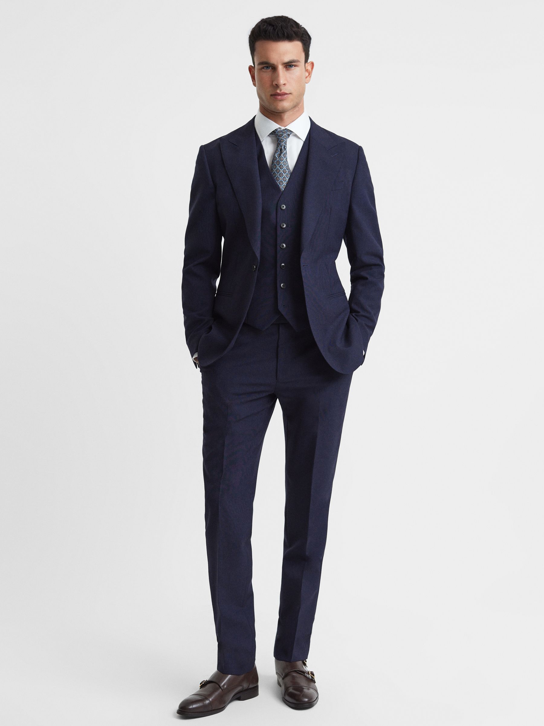Classic Slim Fit Wool Horseshoe Waistcoat in Navy - Image 3 of 6