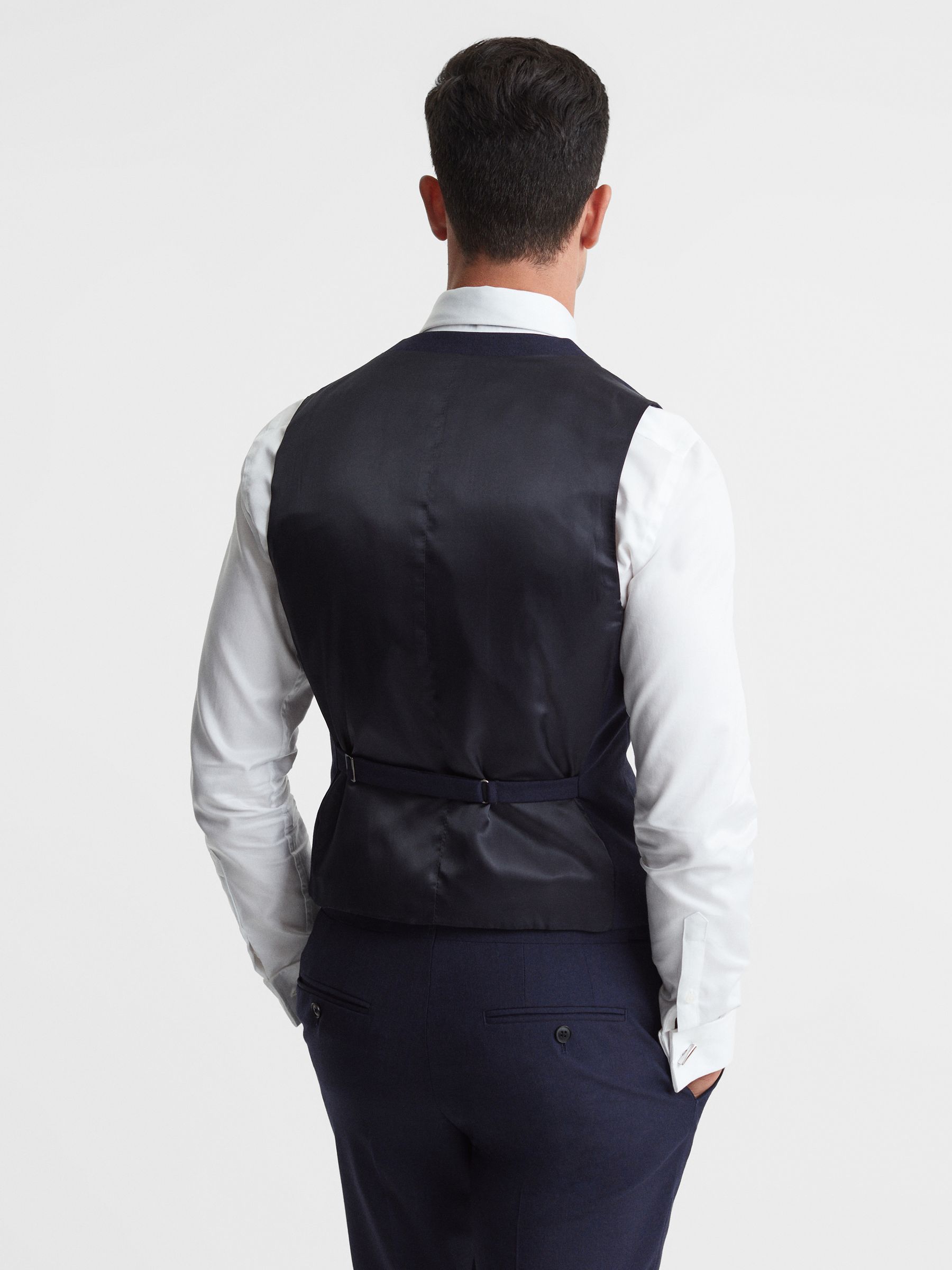Classic Slim Fit Wool Horseshoe Waistcoat in Navy - Image 4 of 6