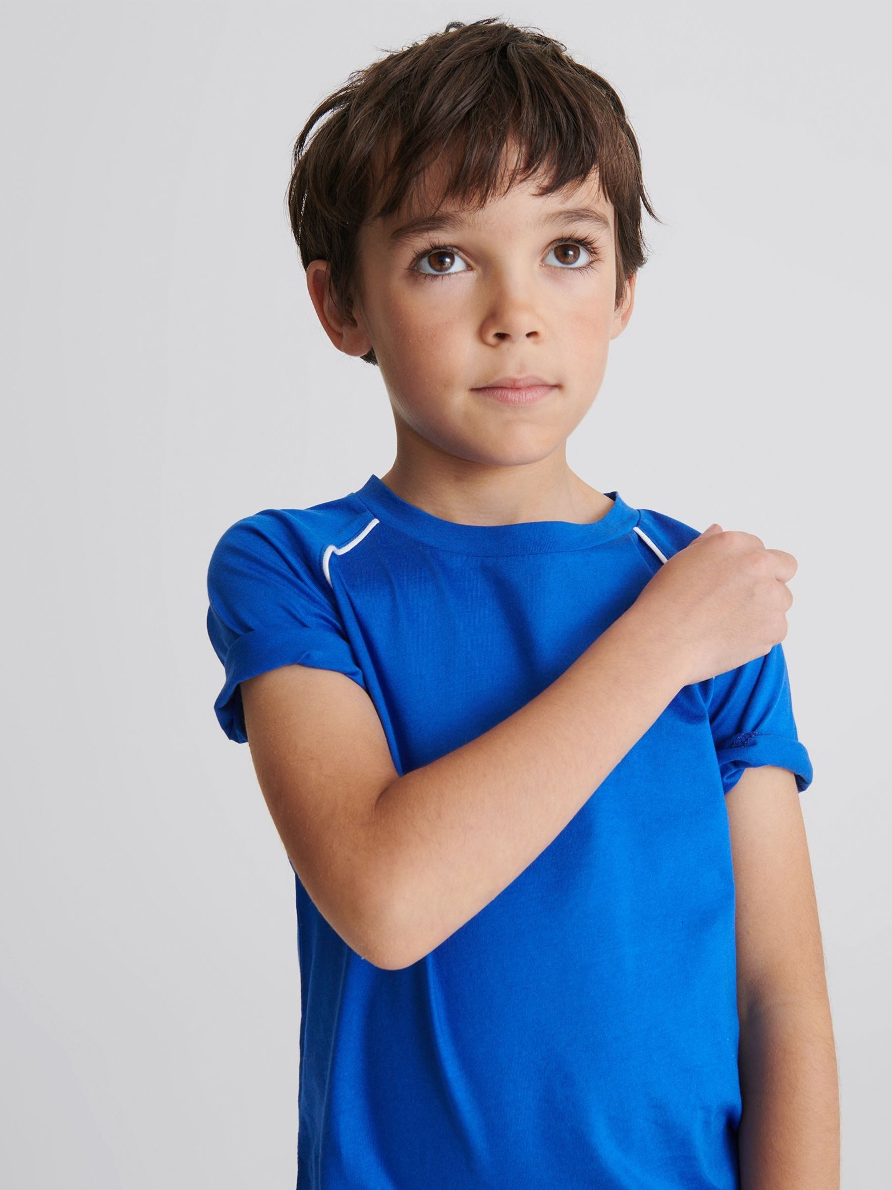 Piped Knitted Trim Crew Neck Tee in Bright Blue - Image 3 of 6